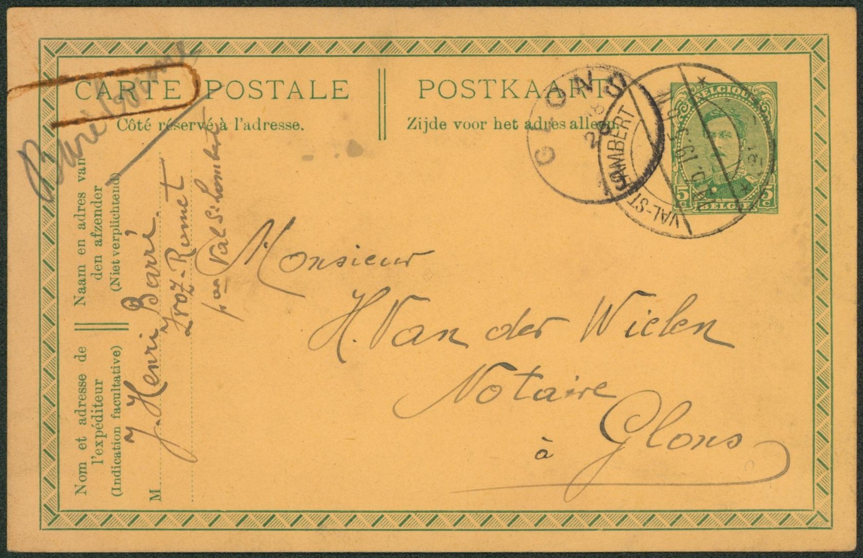 EP au type 5ctm vert obl à pont (belgien gratté) "Val-St-Lambert" > Glons. "