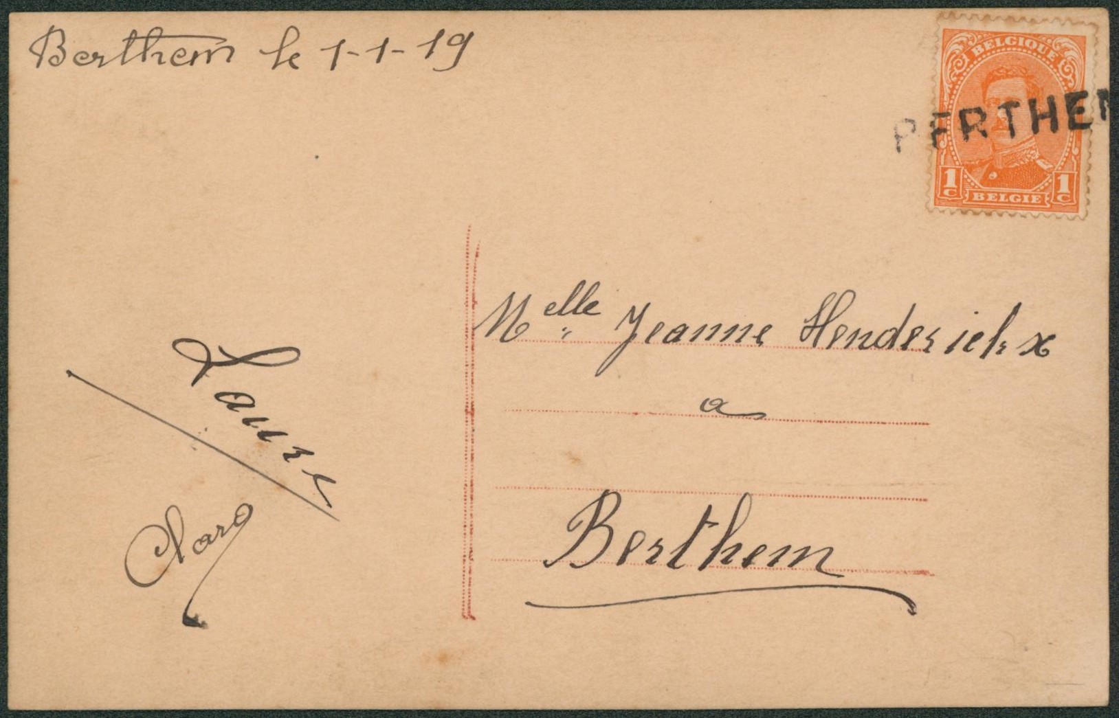 n°135 sur CP annulé par griffe de fortune BERTHEM > Berthem. 