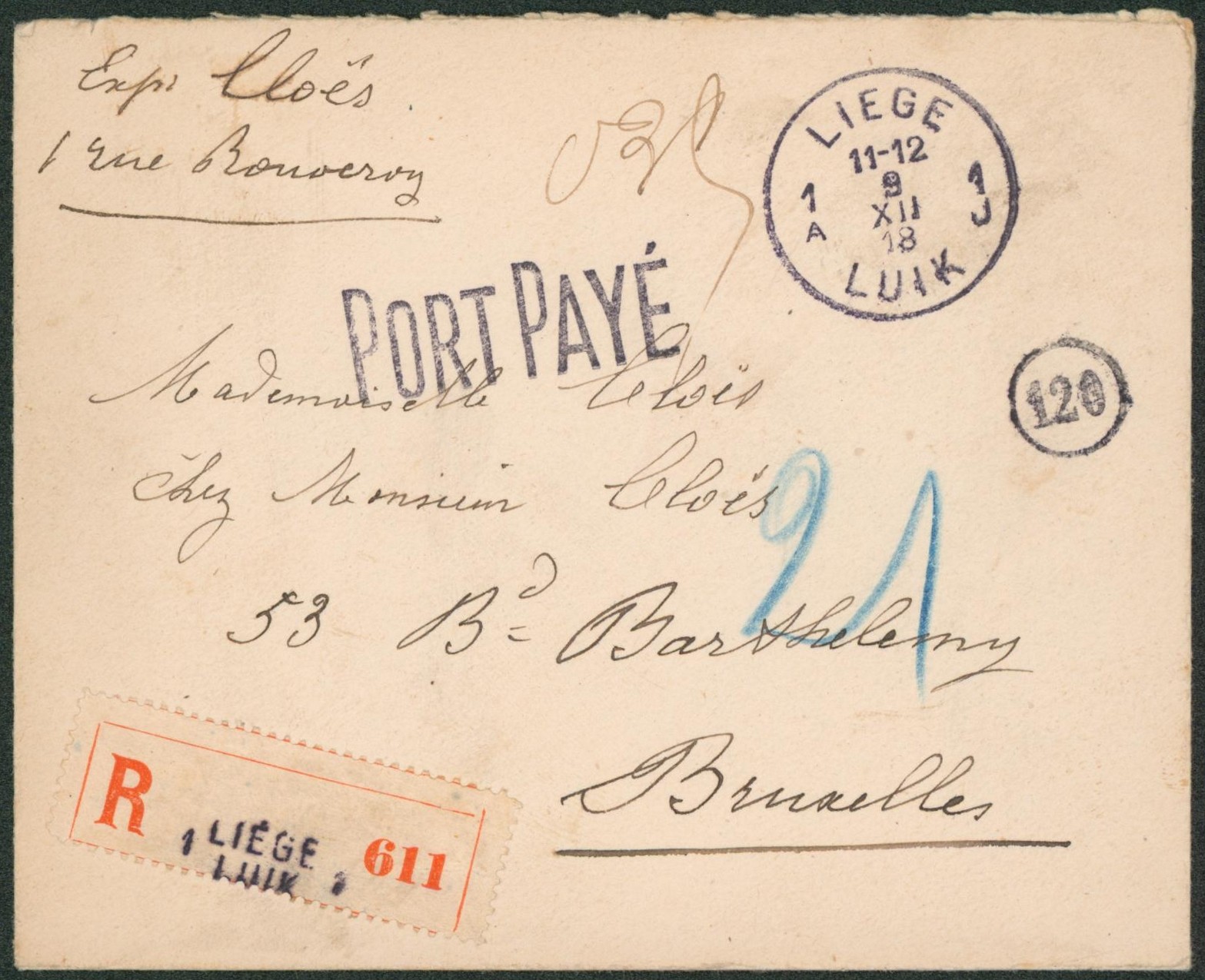 Lettre en recommandé de Liège / Luik + griffe PORT PAYE > Bruxelles 