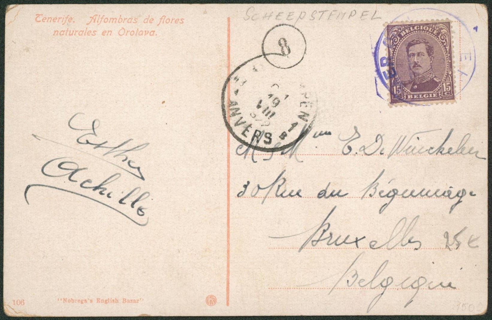 n°139 sur CP obl paquebot (Scheepstempel) > Bruxelles. 