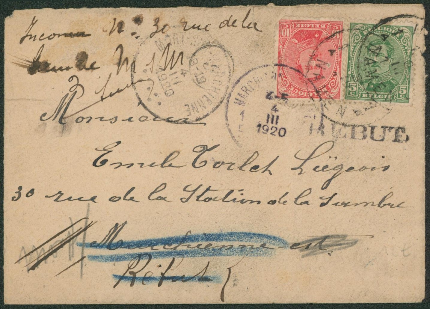 Albert I - n°137 et 138 sur lettre expédiée de Marchienne-au-pont > Marchienne-Est. Refus biffé à la craie, recherche + étiquette inconnu et griffe REBUT. 