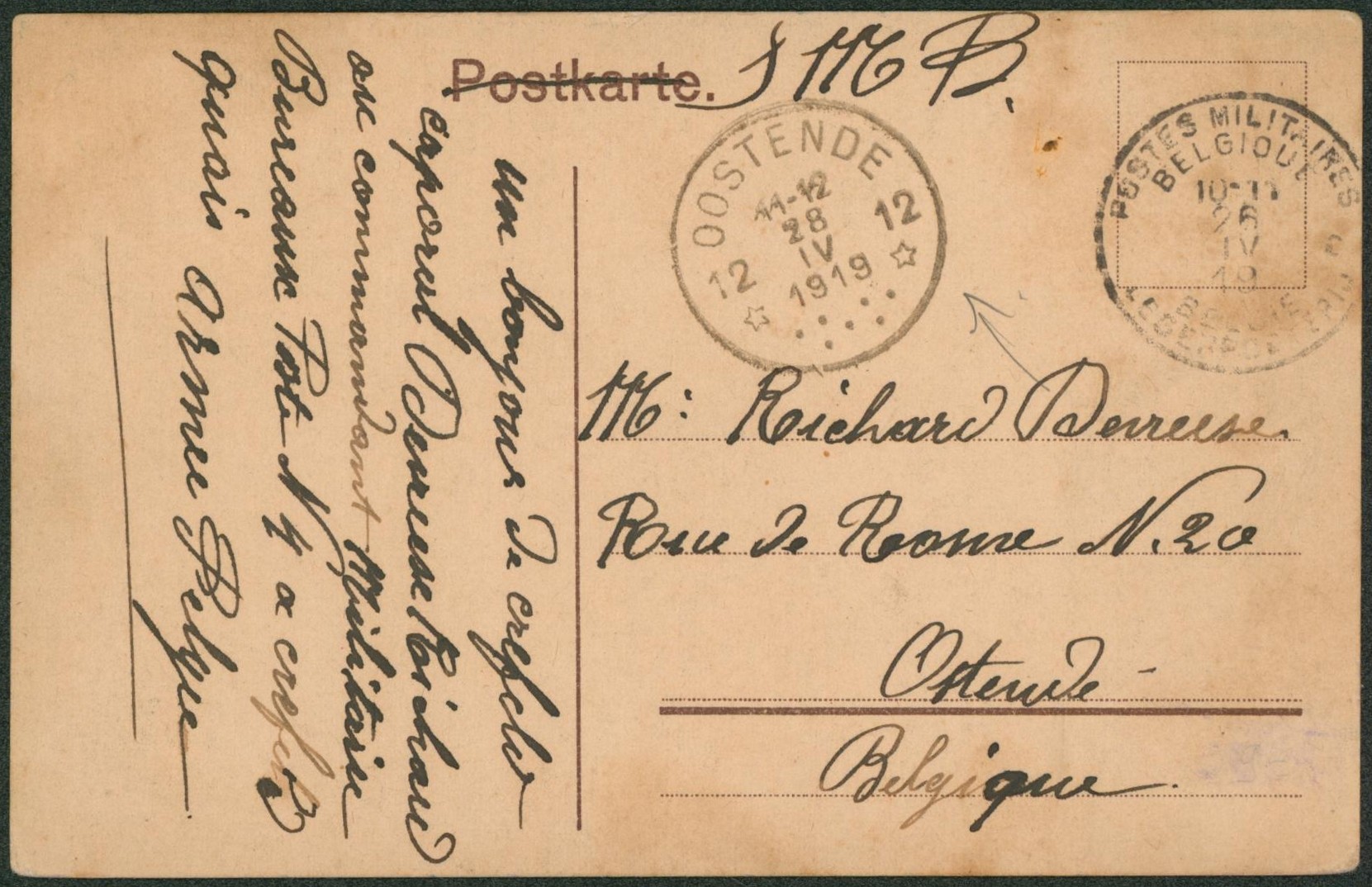 CP en SMB obl P.M.B. (1919, Bureau postal n°4 à Crefeld) > Ostende çàd cachet d'agence "Oostende 12". TB "