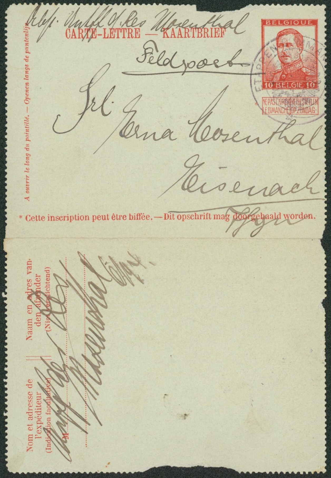 CL au type 10ctm rouge Pellens utilisé en feldpost + cachet de régiment (Mons) > Eisenach (Allemagne). 