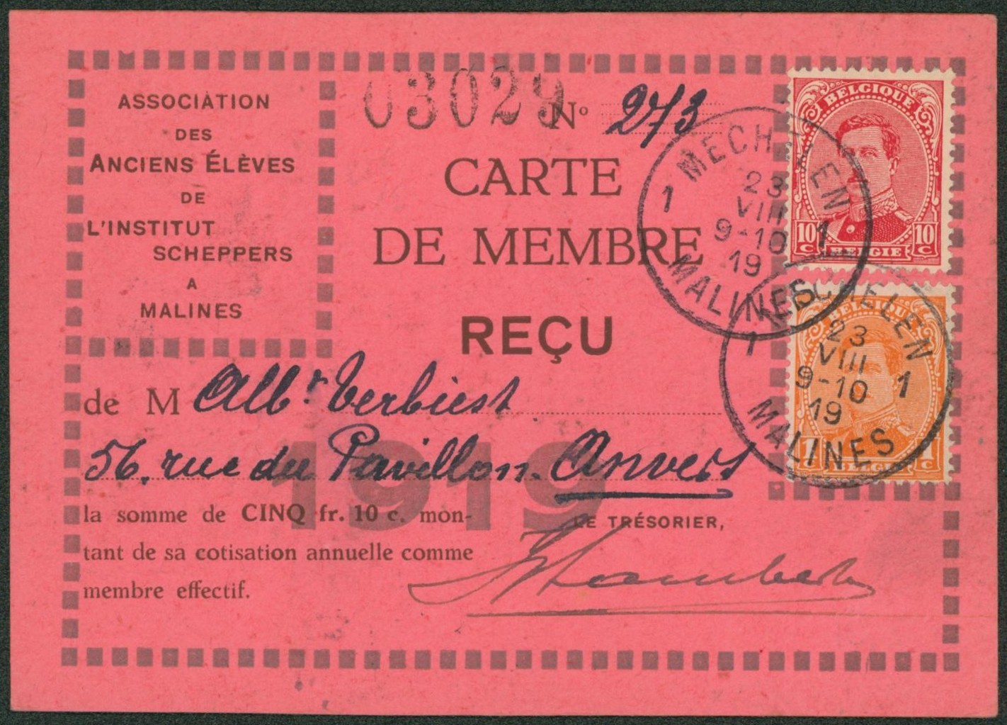 n°135 et 138 sur carte de membre "anciens élèves de l'institut Scheppers, Malines" reçu de Anvers. Verso chiffre "26""