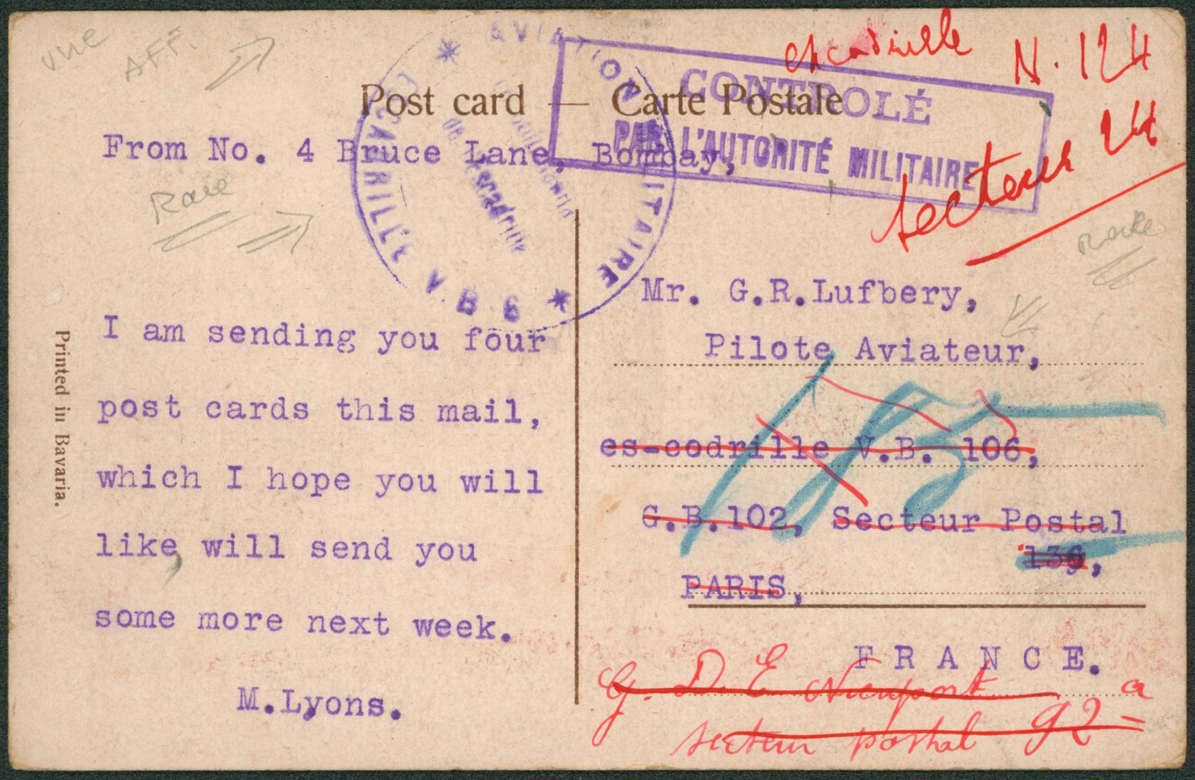Carte postale expédié de Bombay (Inde, aviation militaire Escadrille V.B. 6) > Pilote aviateur à Paris, secteur postal 136 redirigé vers un autre secteur. TB 