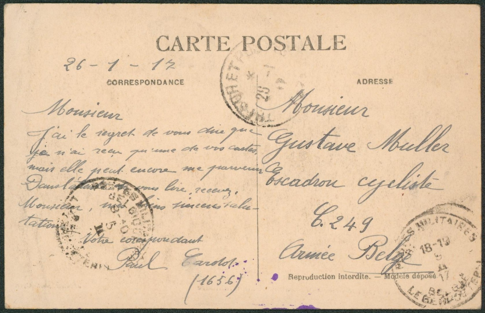 Maroc Français - CP expédiée de Taza > Escadron cycliste (Armée Belge) çàd obl P.M.B. 