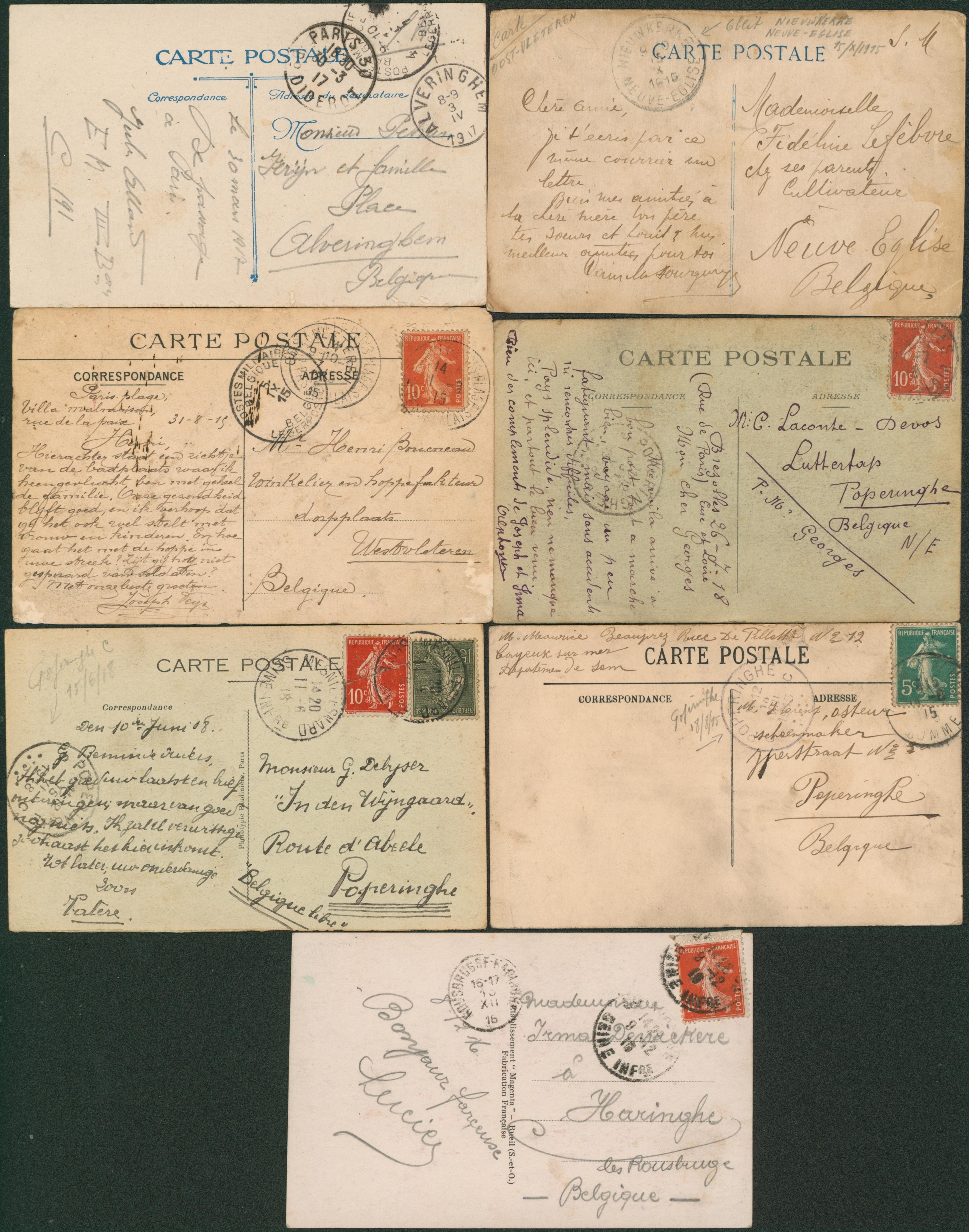 Territoire non envahi - Ensemble de 7 CPA en franchise ou affranchie de ou vers zone non envahie. Bel ensemble, à voir. (Alveringhem, poperinghe, Neuve-église, Rousbrugge)