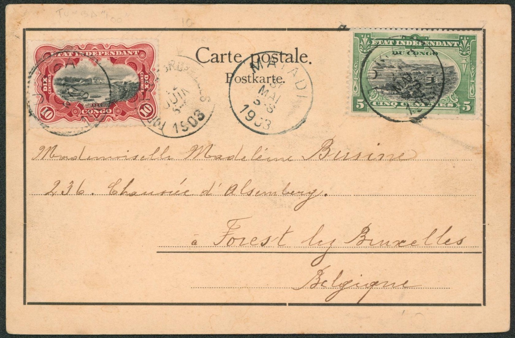 Congo Belge - n°16 et 17 sur CP vue obl simple cercle Tumba via Matadi > Forest-lez-Bruxelles