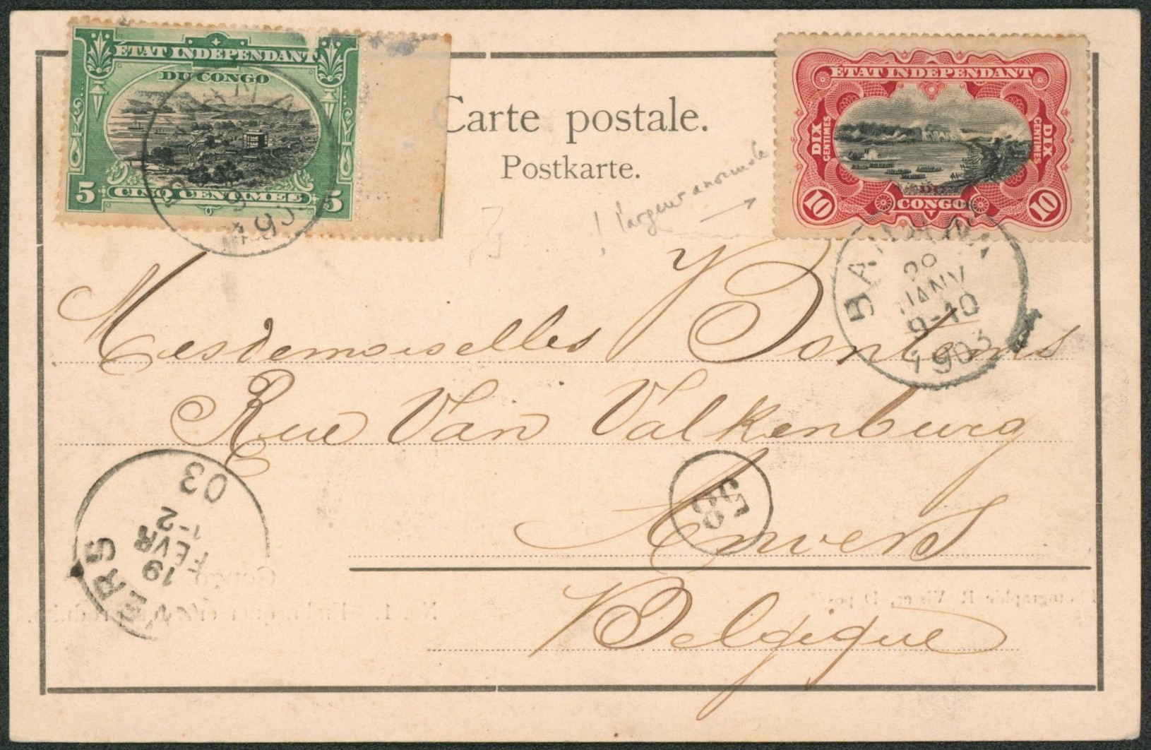 Congo Belge - n°16 + BDF et 17 sur CP vue obl simple cercle Banana > Anvers 