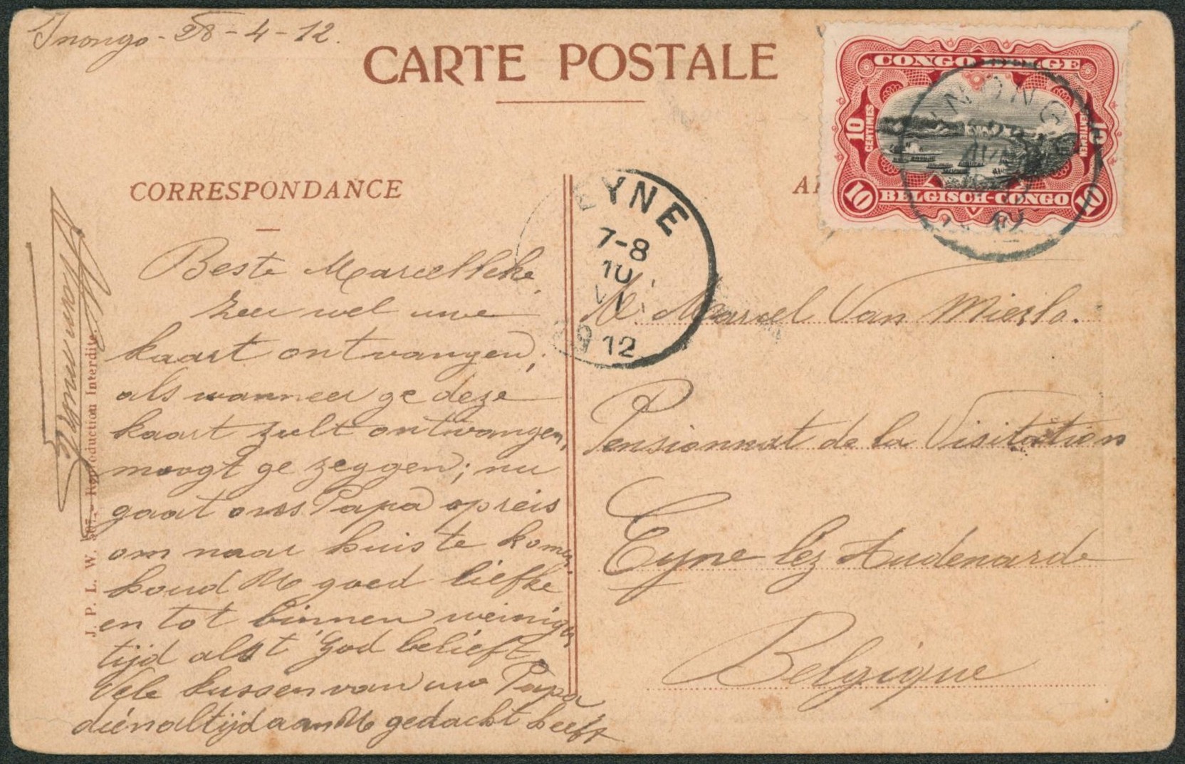 Congo Belge - n°55 sur CP vue obl simple cercle "Inongo" > Eyne lez audenarde. "