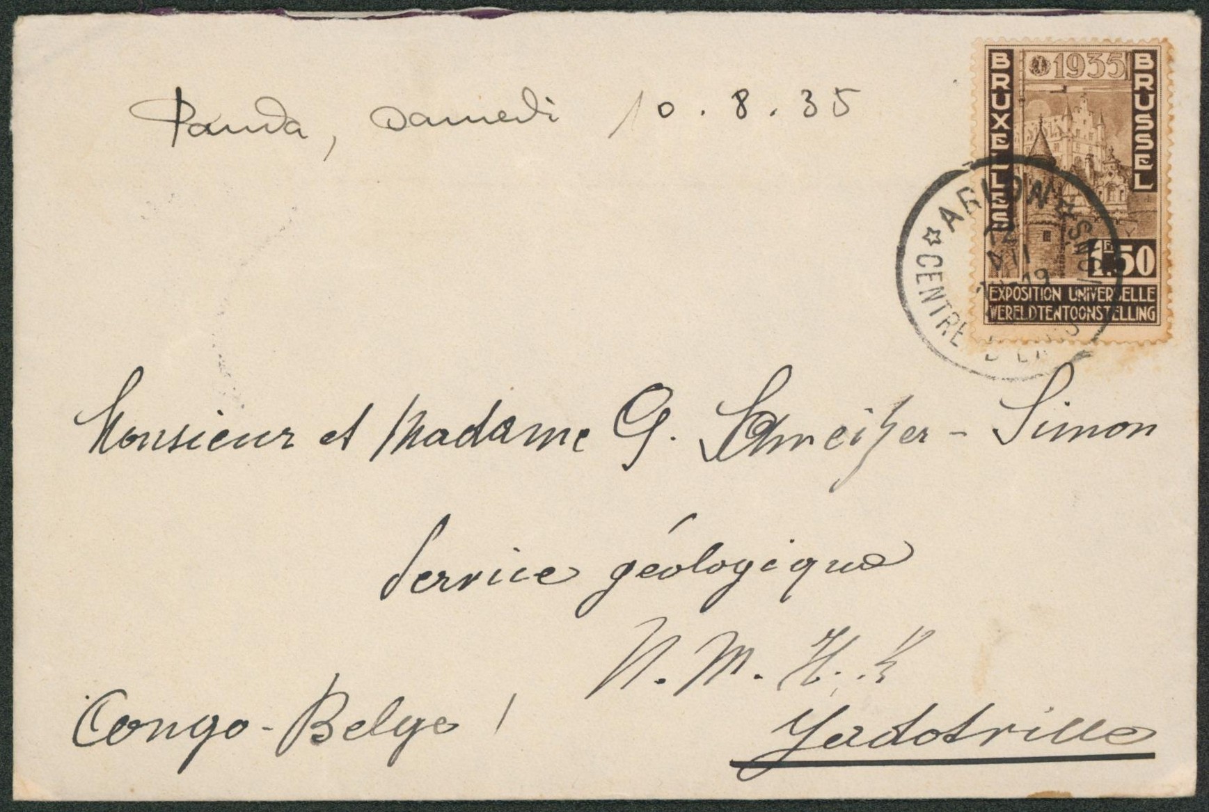 Exposition Bruxelles 1935 - n°388 sur lettre + cachet touristique "Arlon" > Jadotville (Congo Belge). "