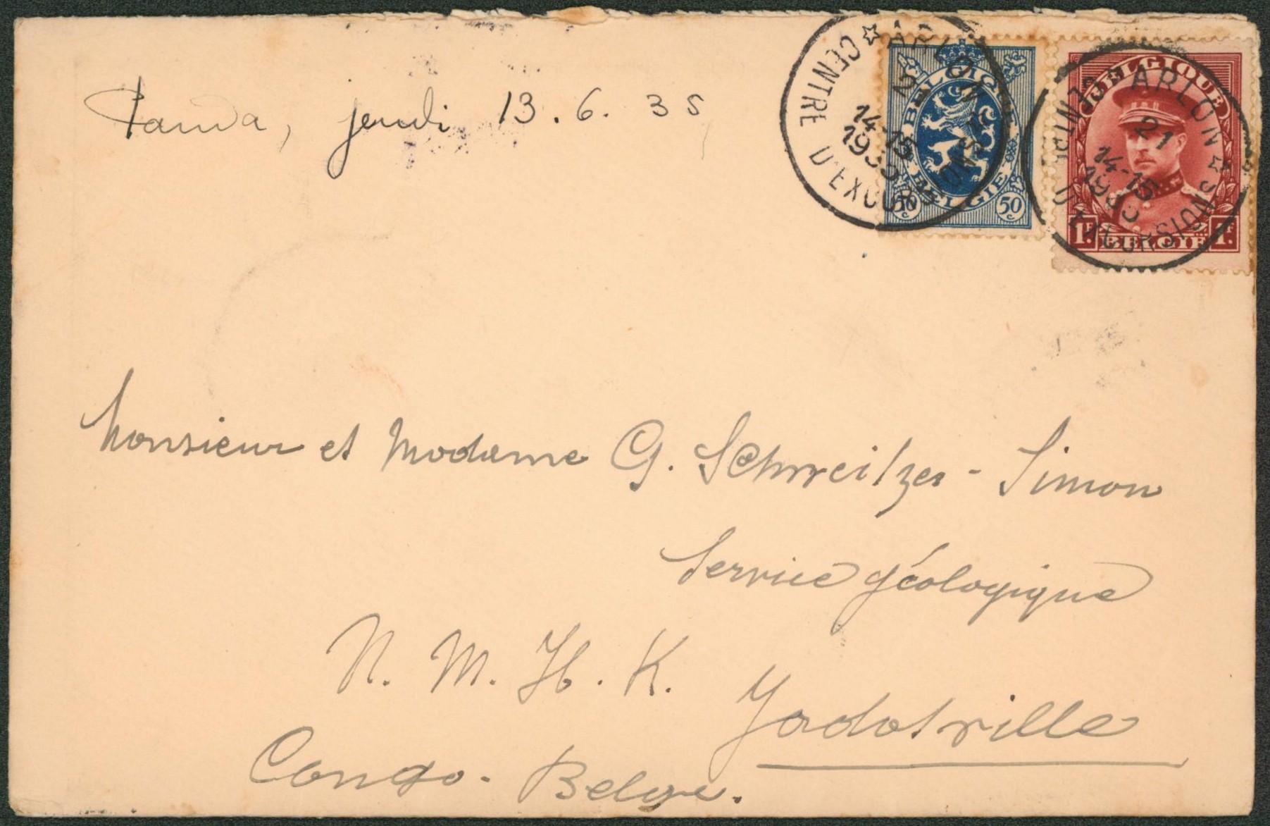 Affranch. Mixte (Képi) sur lettre + cachet touristique "Arlon" > Jadotville (Congo Belge). "