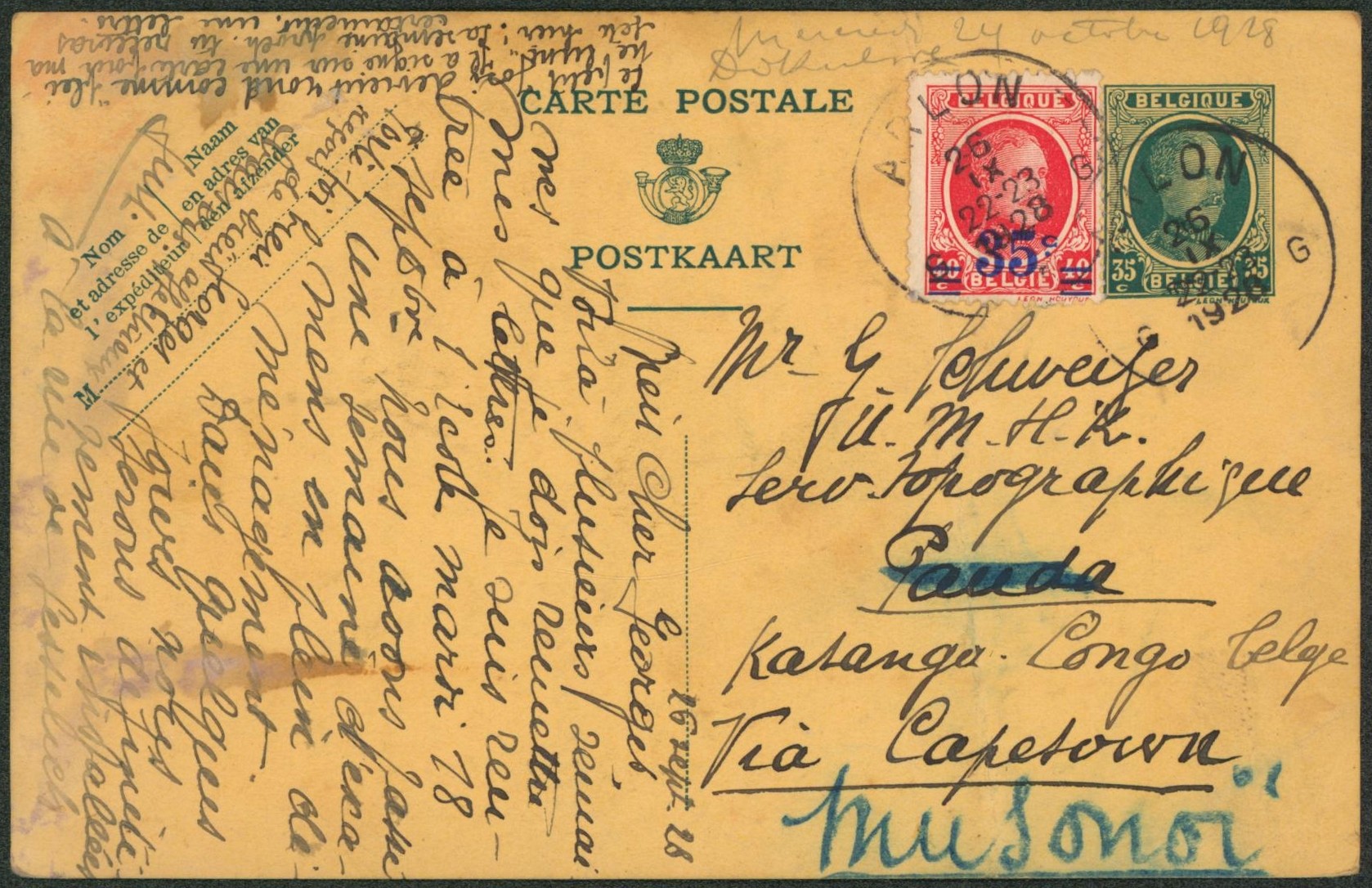 EP au type 35ctm vert Houyoux + n°247 expédié de Arlon > Panda (Katanga) redirigé Musonoï / Pli. 