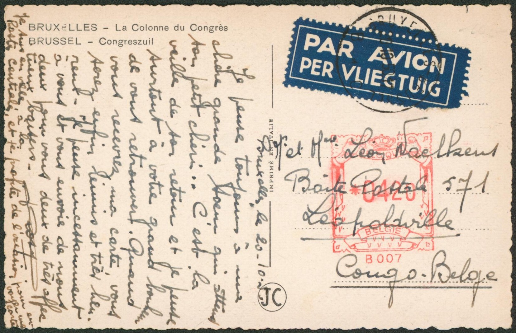 CP + affranchissement mécanique 4F20 (b007) expédié par avion de Bruxelles > Léopoldville (Congo Belge). 