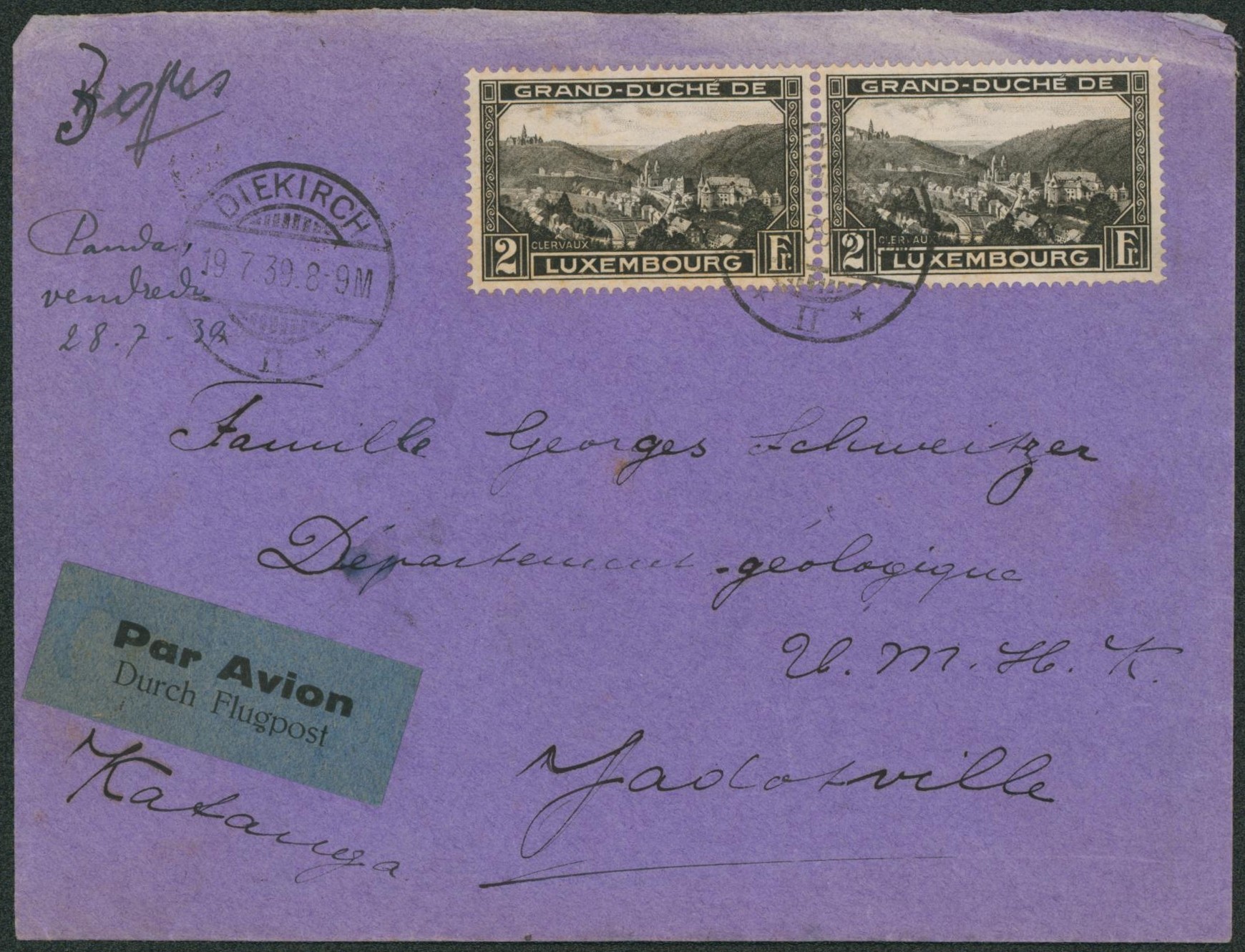 Luxembourg - 2 Fr clervaux en paire sur lettre par avion expédié de Diekirch > Jadotville (Congo)