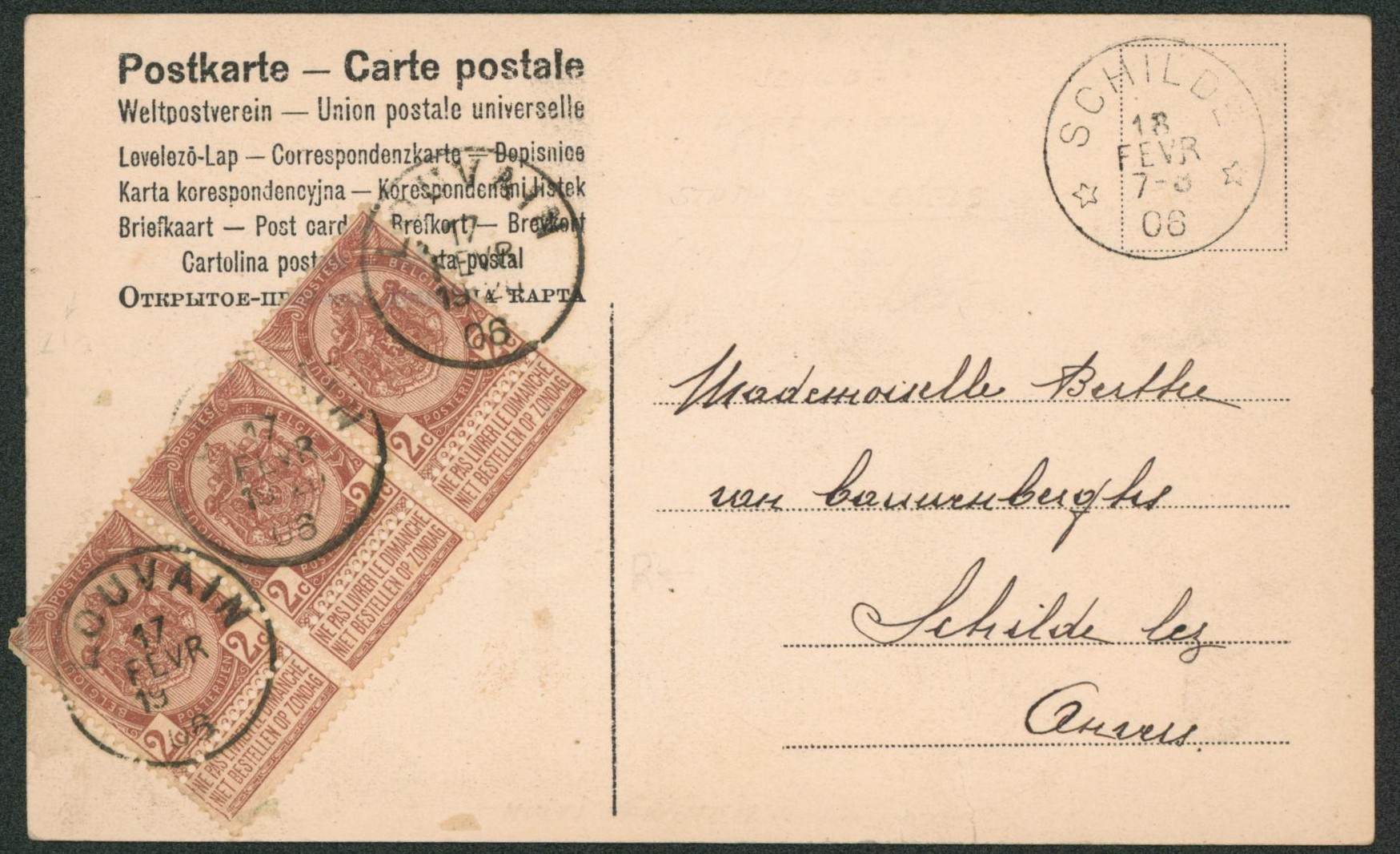 n°55 en bande de 3 sur CP vue expédié de Louvain > Schilde çàd obl relais. 