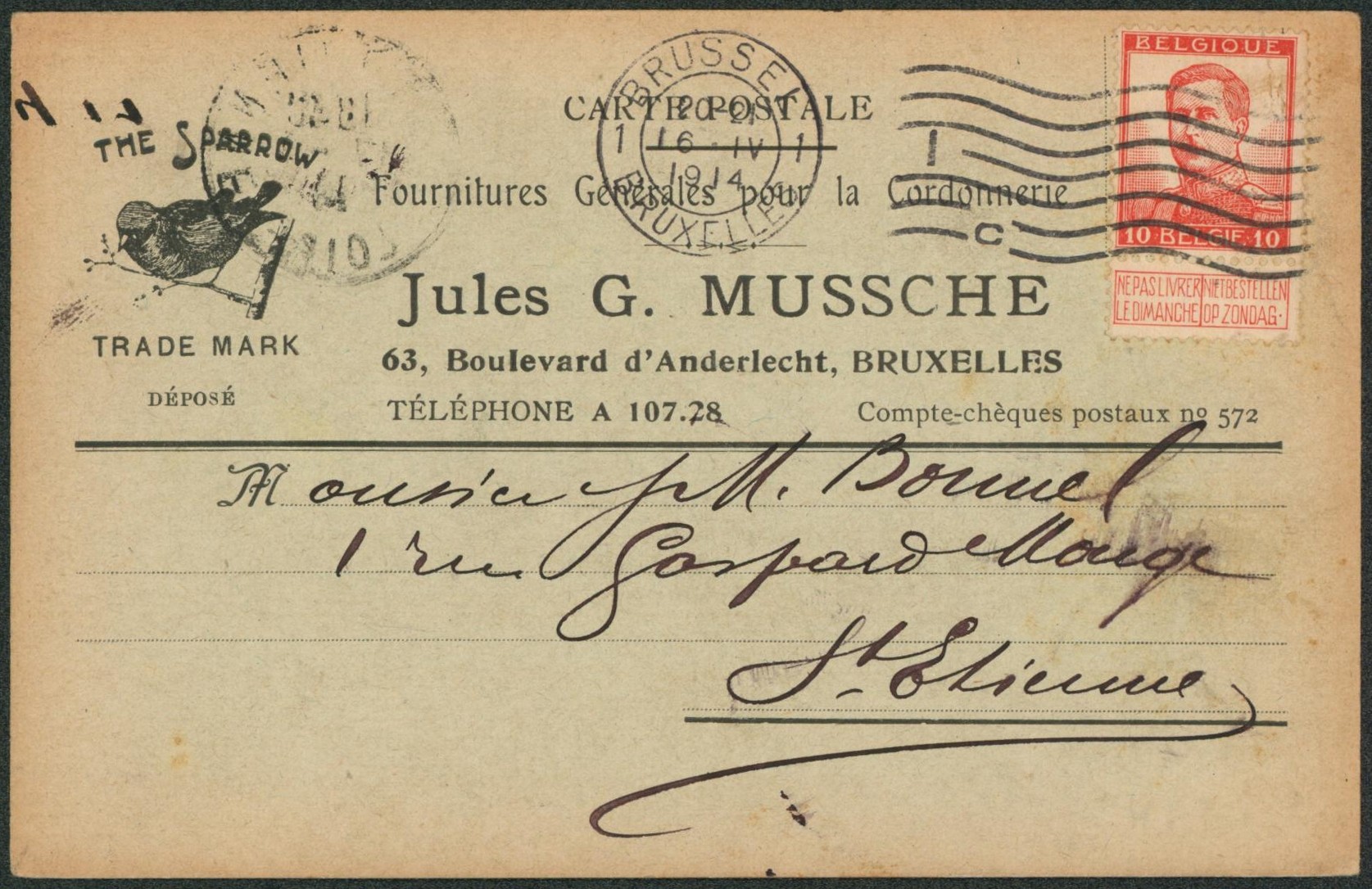 Pellens - 10C sur CP imprimé "The sparrow, fournitures générales de cordonneries" de Bruxelles > St-Etienne"