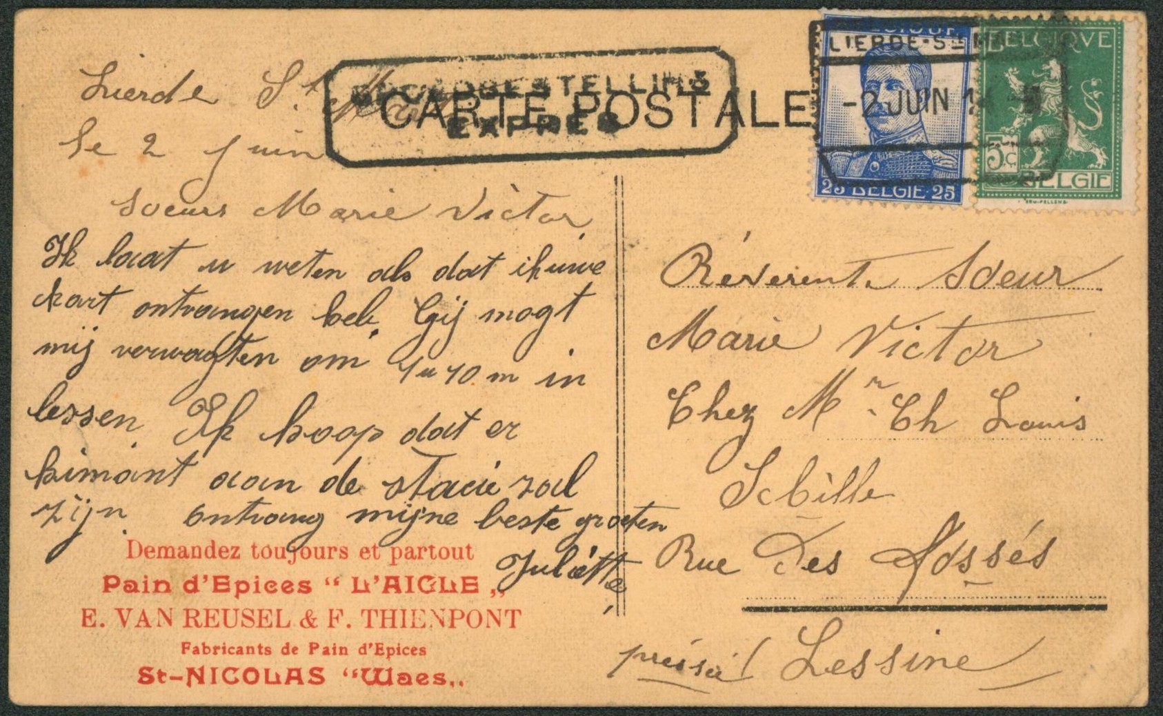 Pellens - 5C + 25C sur CP vue en expres çàd obl chemin de fer "Lierde-Ste-Marie" > Lessines çàd obl télégraphique. Superbe"