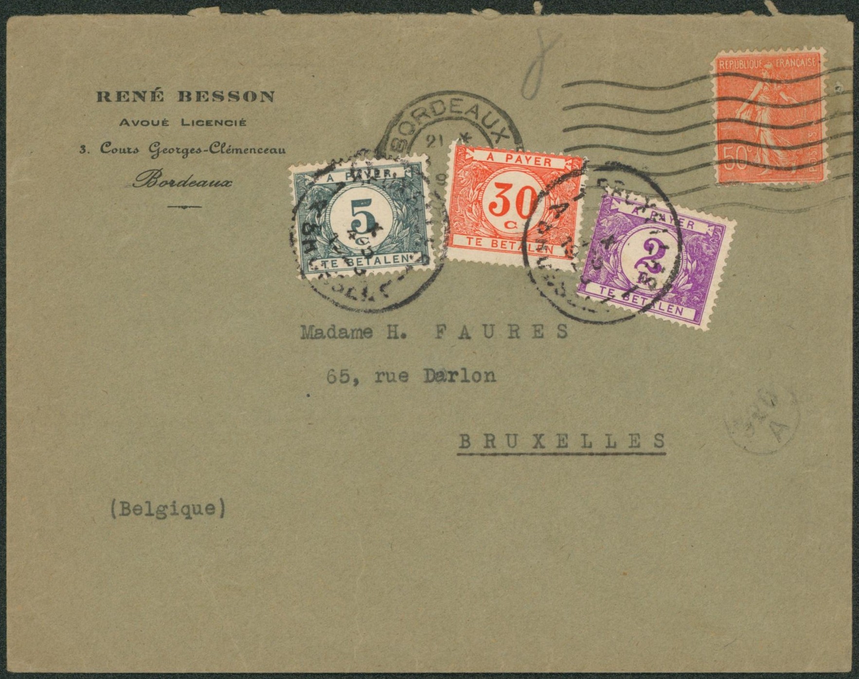 Semeuse - 50C sur lettre expédiée de Bordeaux > Bruxelles, affranchissement insuffisant çàd taxe tricolore ! 