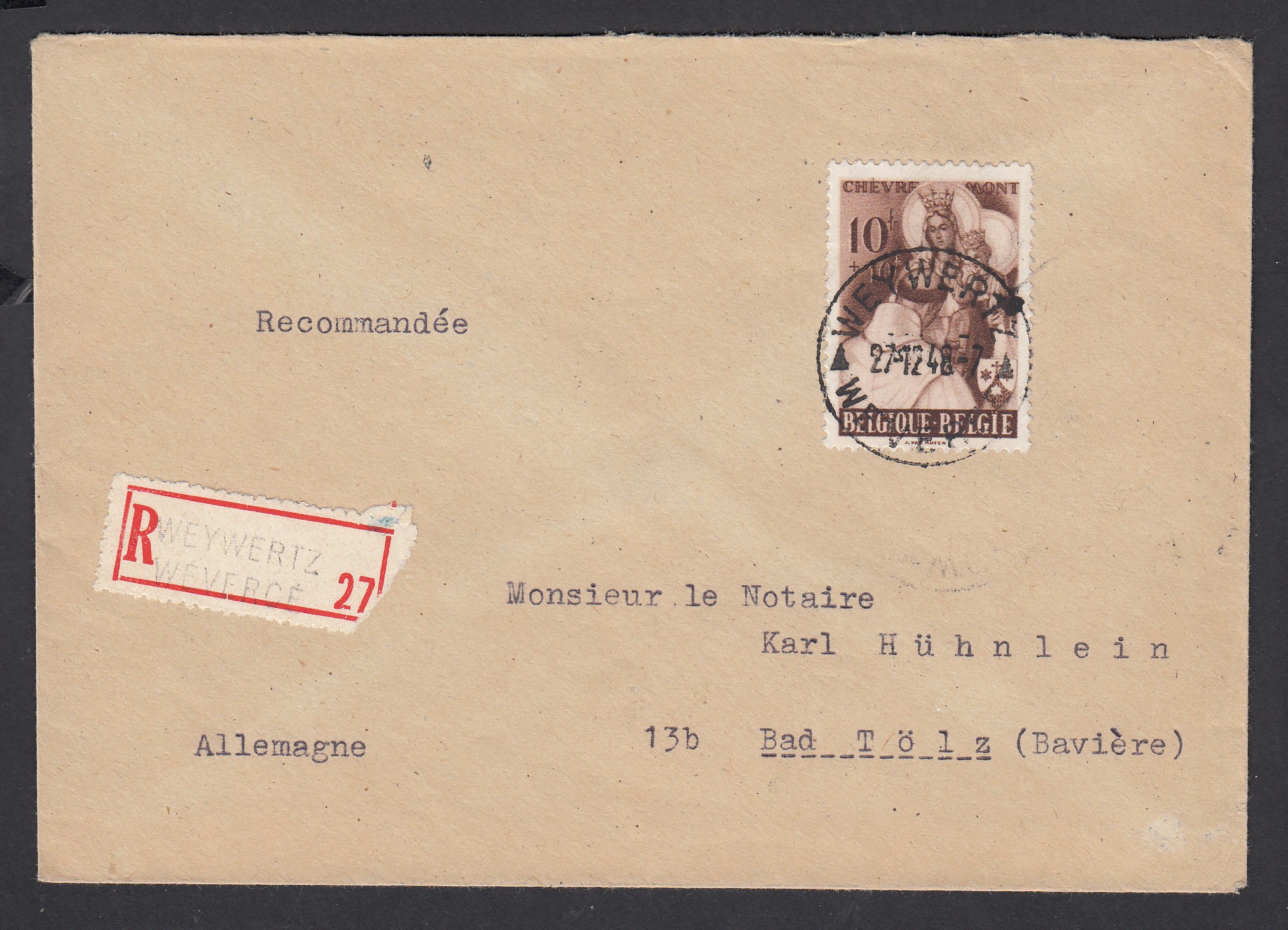 780 sur lettre en recommandé de Weywertz-wevercé le 27.12.1948 vers Bad Tölz, Allemagne. Càd au verso.