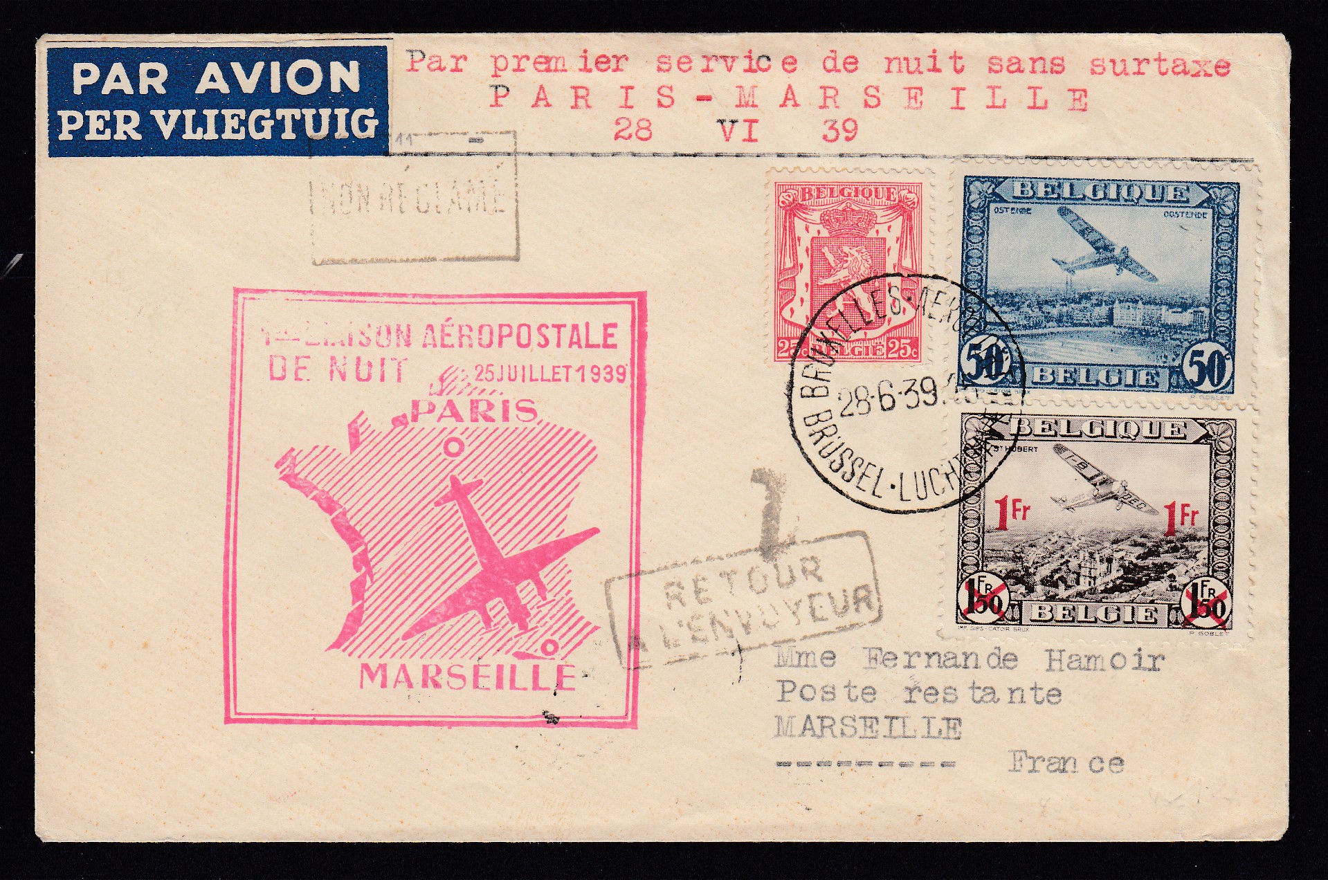 423 +Pa1 +Pa6 sur lettre par avion ( Cachet spécial liaison « Paris-Marseille ») de BXL le 28.6.1939 vers Marseille. Griffe « Retour à l'envoyeur ». Càd au verso.