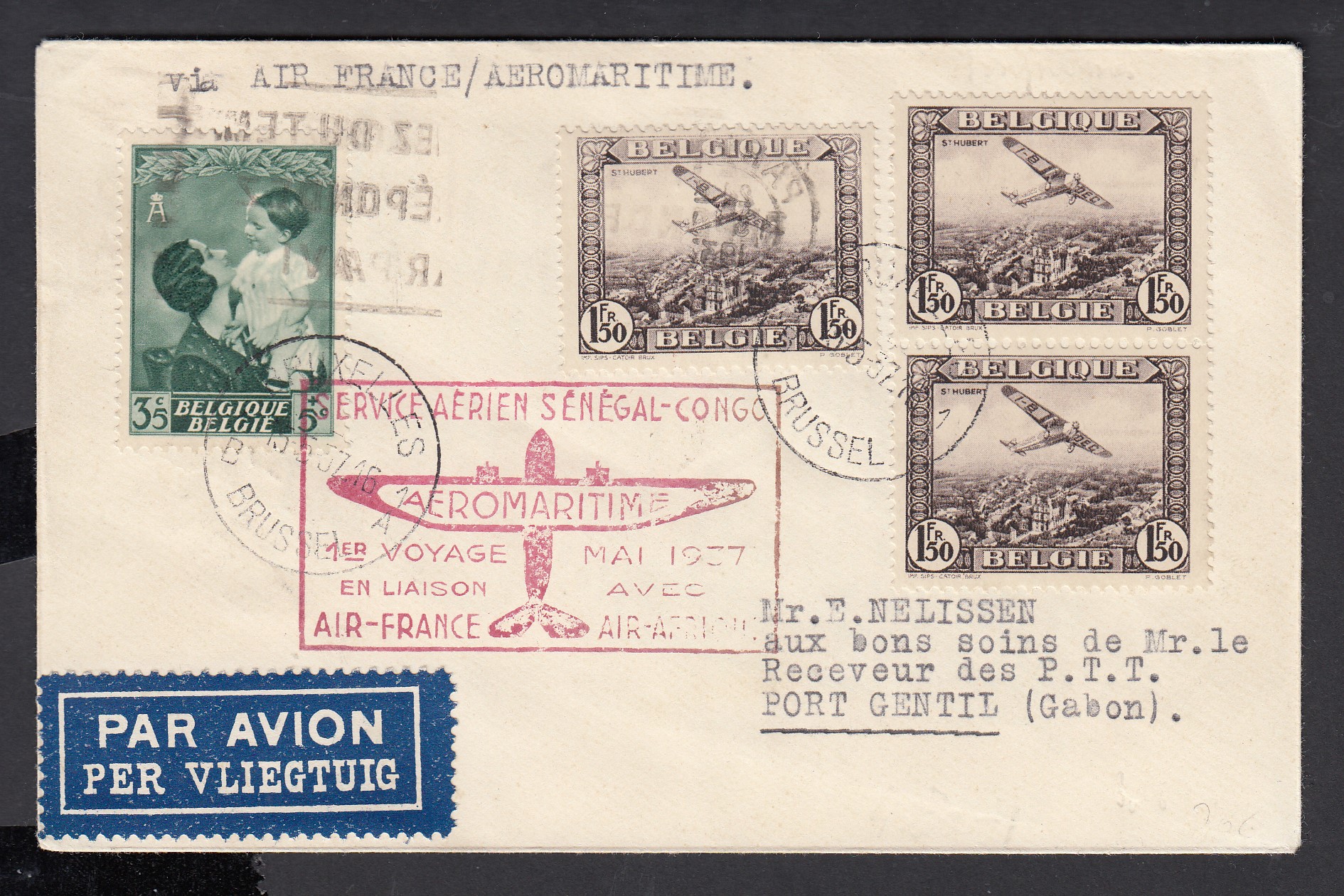 449 +Pa2 x3 sur lettre par avion ( Cachet spécial « SERVICE AERIEN SENEGAL-CONGO») de BXL le 15.7.1937 vers Port Gentil, Gabon. Càd au verso.