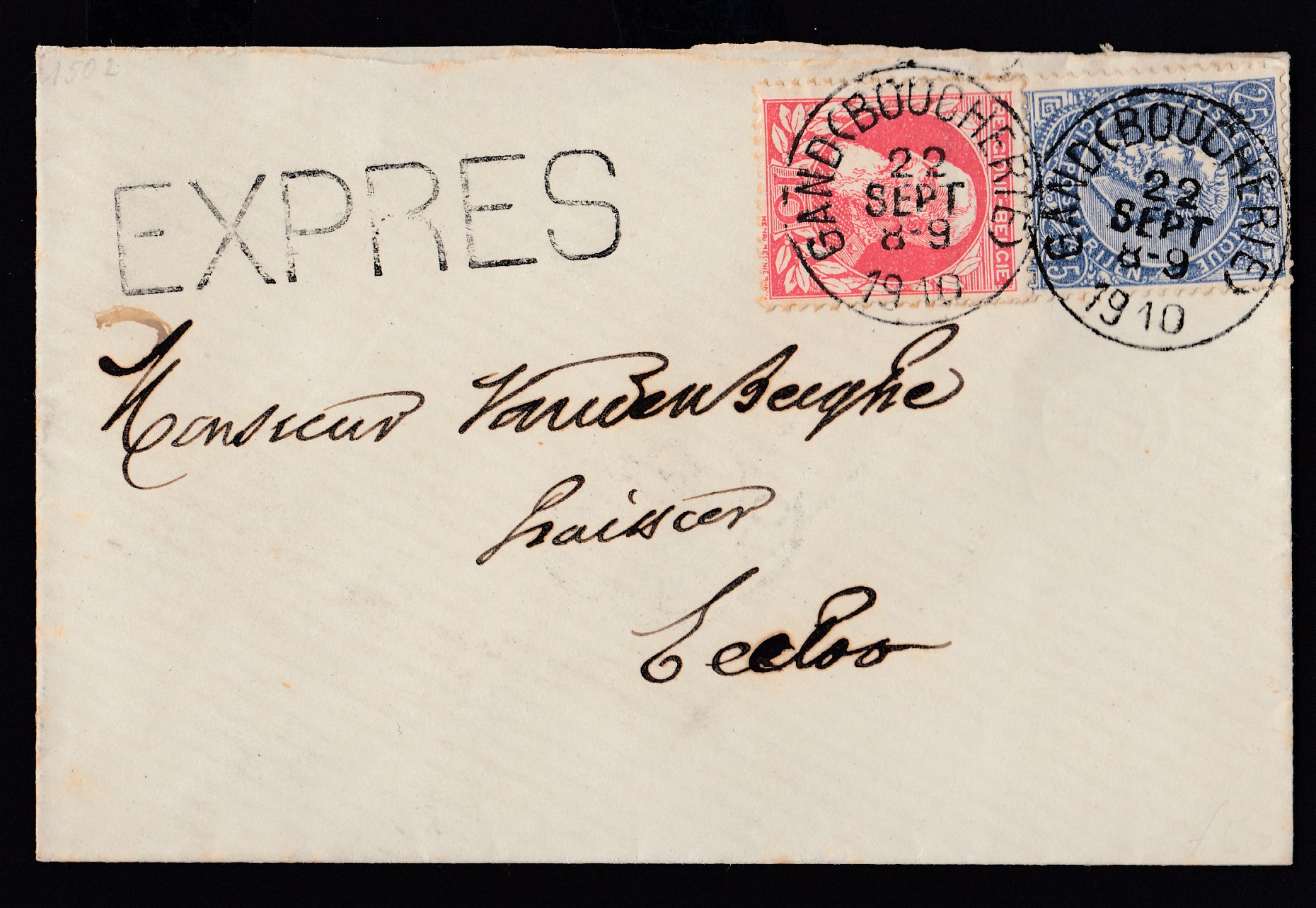 60 +74 sur lettre en exprès de Gand (Boucherie) le 22 sept 1910 à destination d'Eecloo.