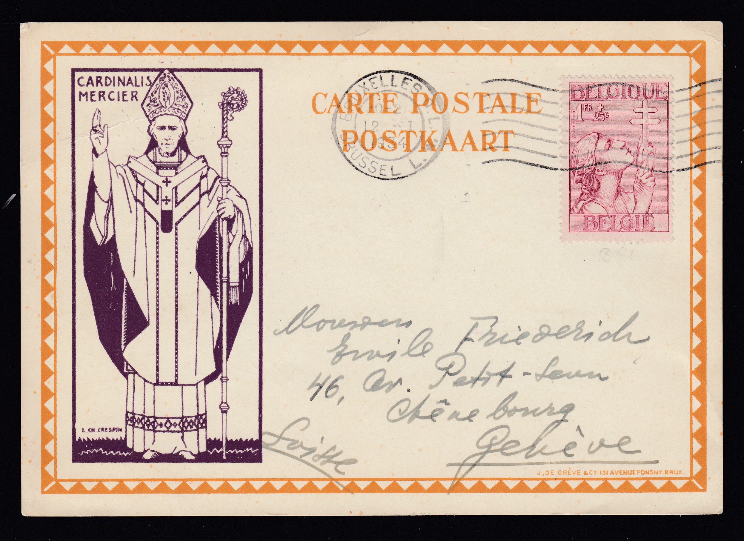 381 sur Cp illustrée « Cardinal Mercier » de BXL le 12.I.1934 vers Genève.
