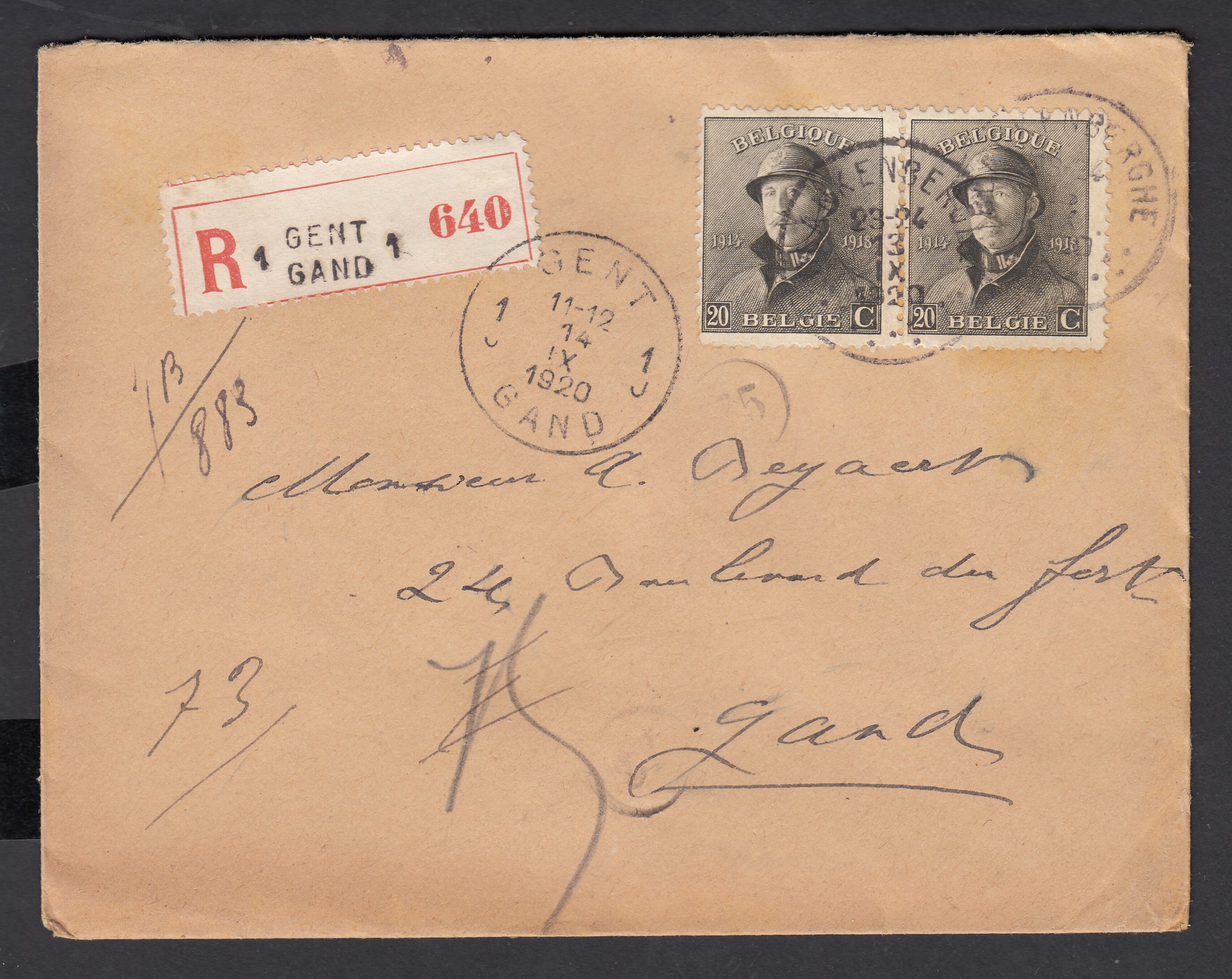 170 en paire sur lettre en recommandé de et vers Gand le 14.IX.1920. Càd +manuscrit du facteur au verso.