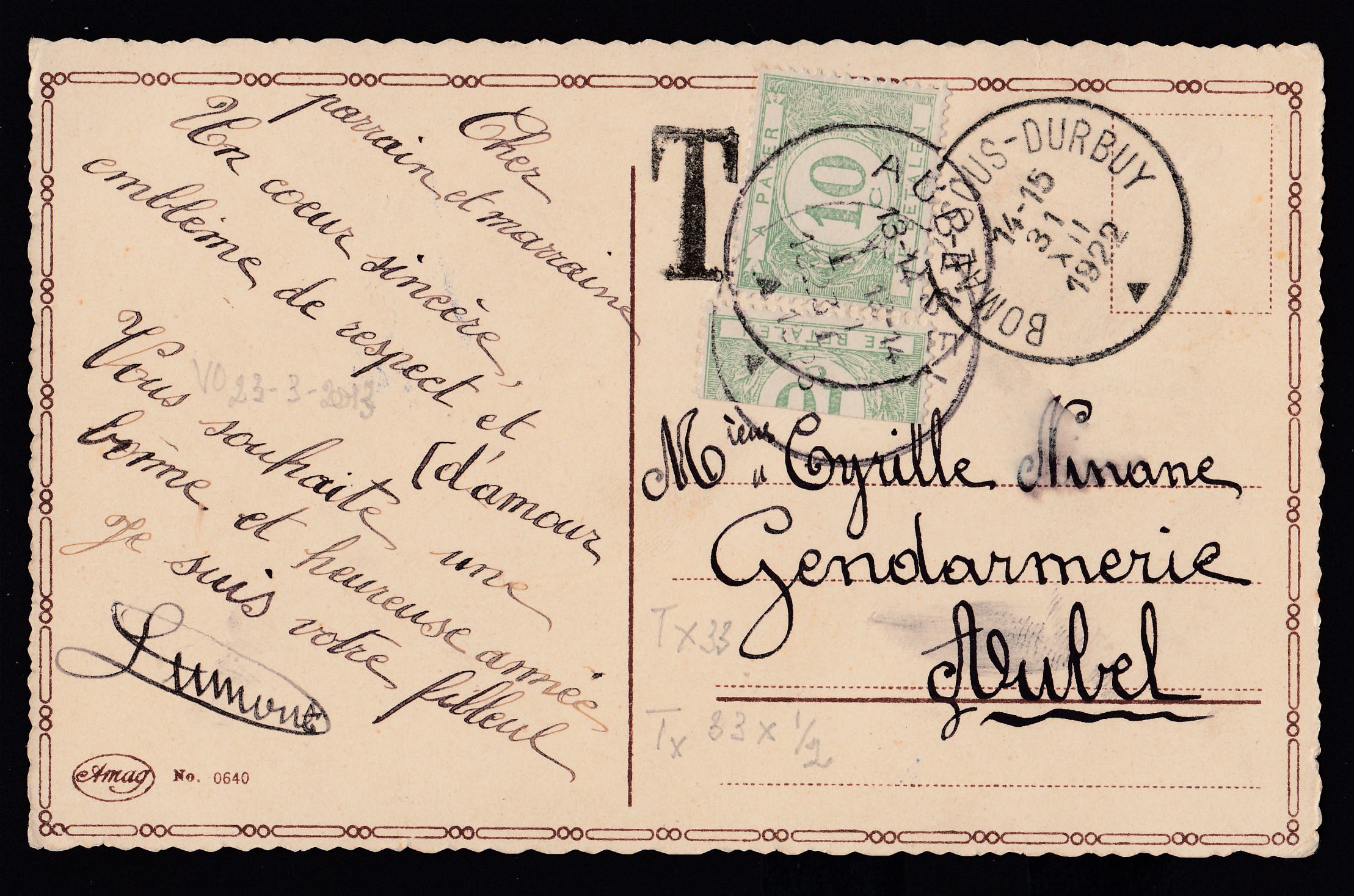 Cp sans affmt de Bomal-sous-Durbuy le 31.XII.1922 à destination d'Aubel. Taxée 15c à l'arrivée par Tx33 +DEMI Tx33.