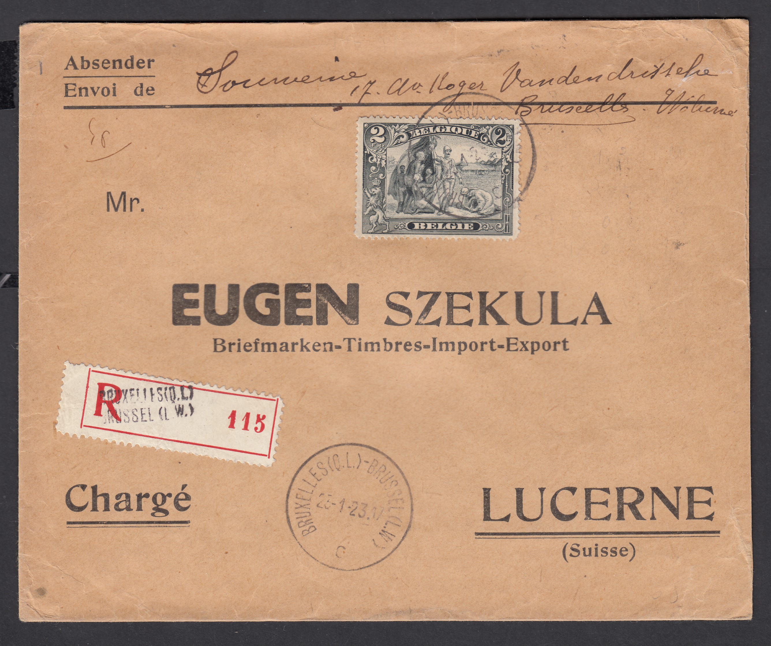 146 sur lettre en recommandé de BXL le 23.1.1923 vers Lucerne, Suisse. Càd au verso.
