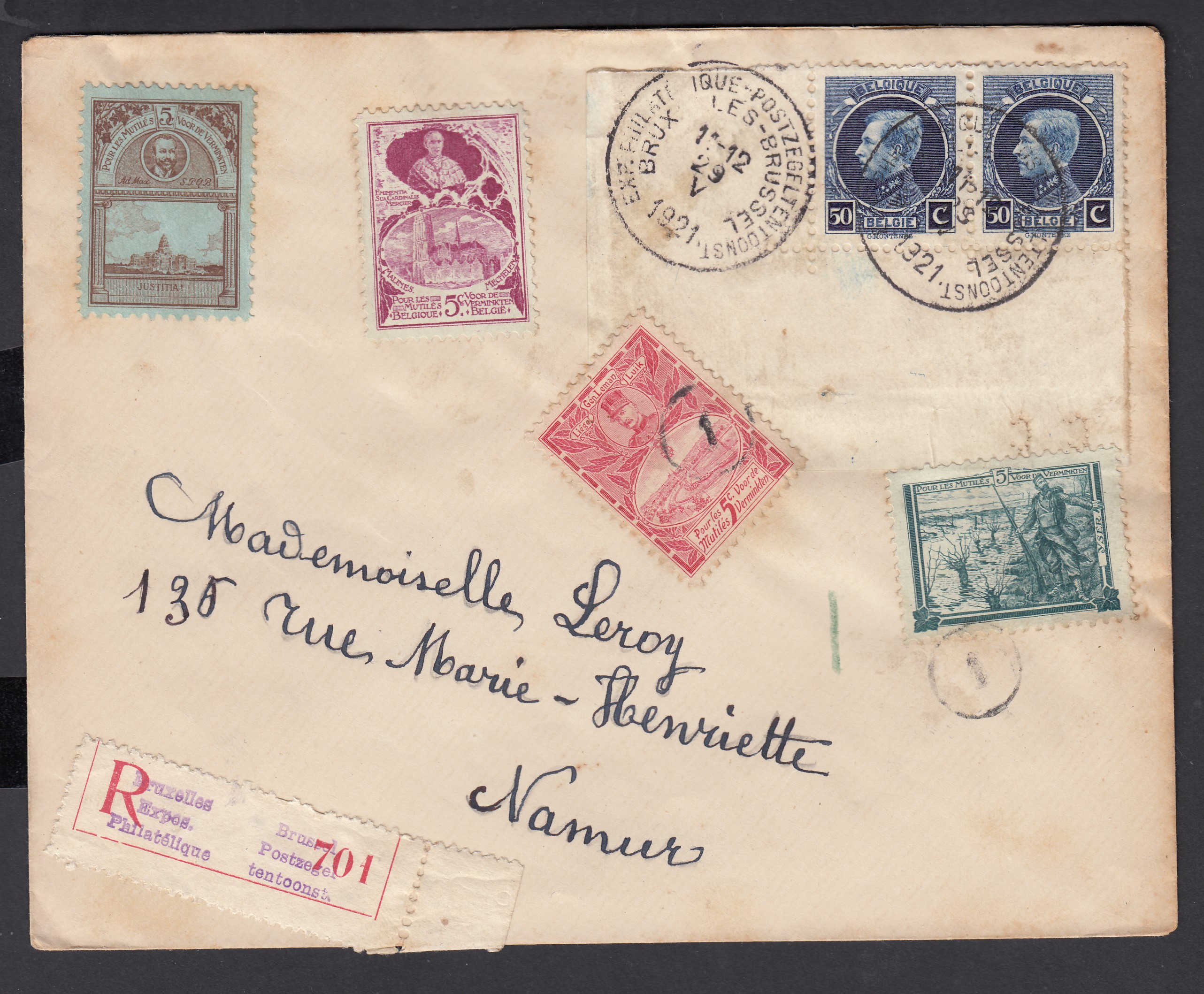 187 en paire Cdf +E1 +E2 +E4 +E6 sur lettre en recommandé de BXL Exposition Philatélique le 29.V.1921 vers Namur. Càd +vignette au verso.