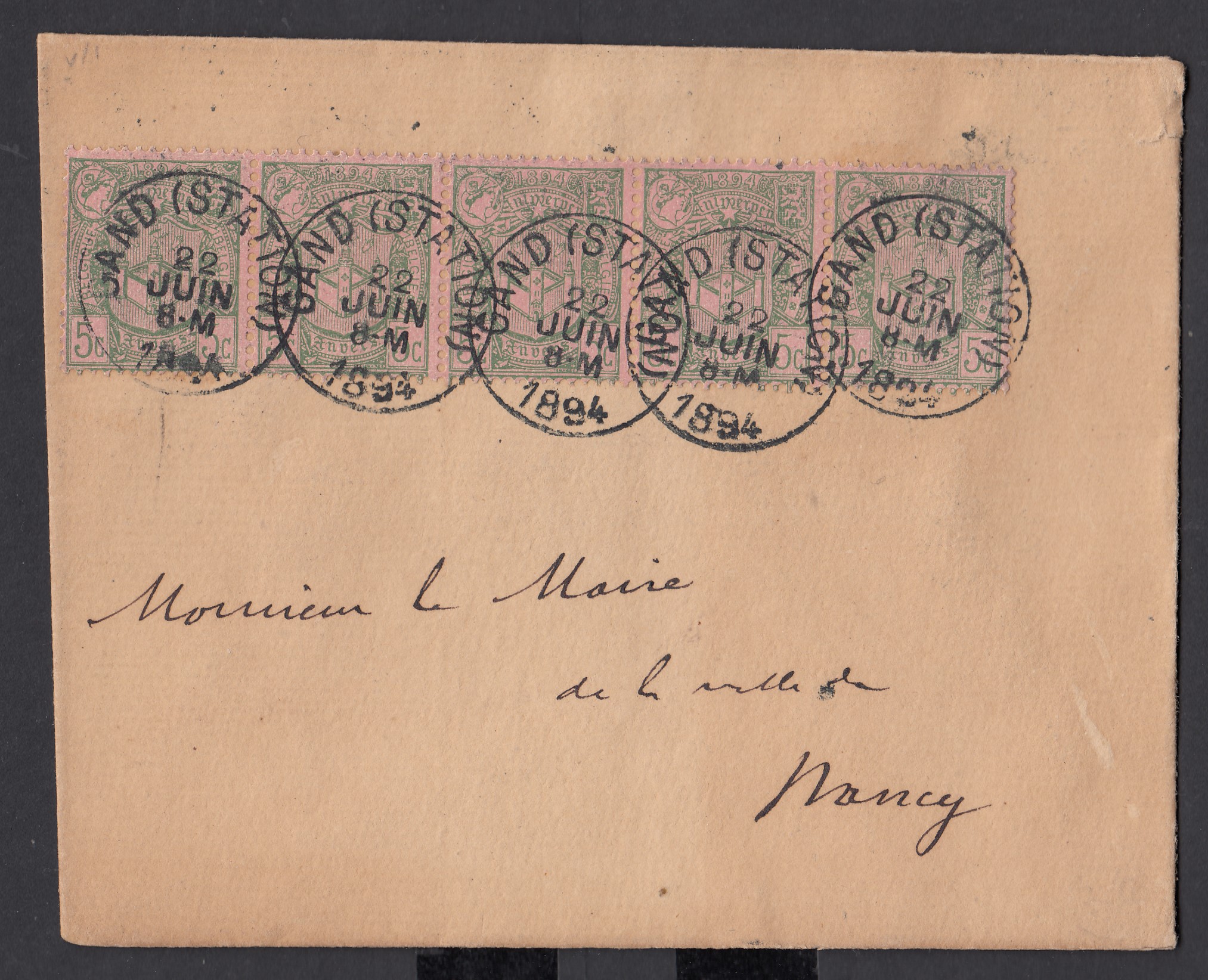 68 en bande de 5 sur lettre de Gand (Station) le 22 juin 1894 vers Nancy. Càd au verso.