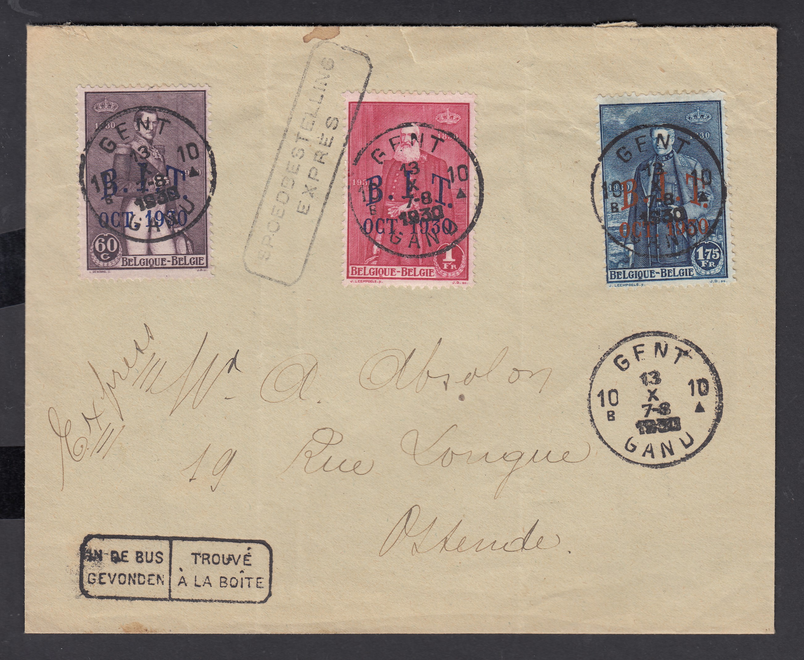 305/07 sur lettre en exprès de Gand le 13.X.1930 à destination d'Ostende. Griffe encadrée bilingue « Trouvé à la boîte ».