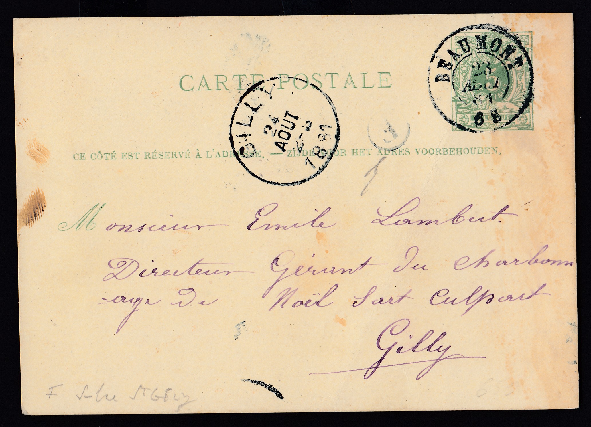 Ep5c type « Lion couché -Tp 45 » de Beaumont le 21 août 1881 vers Gilly. Càd au recto.