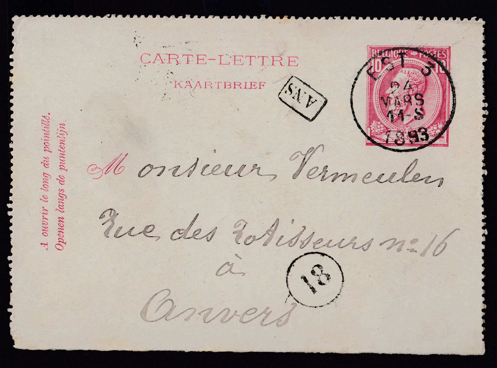 CL10c type « Tp 30 en rouge » par l'Ambt EST 3 le 24 mars 1893 d'Ans ( Griffe encadrée) à destination d'Anvers. Càd au verso. Texte à l'intérieur.