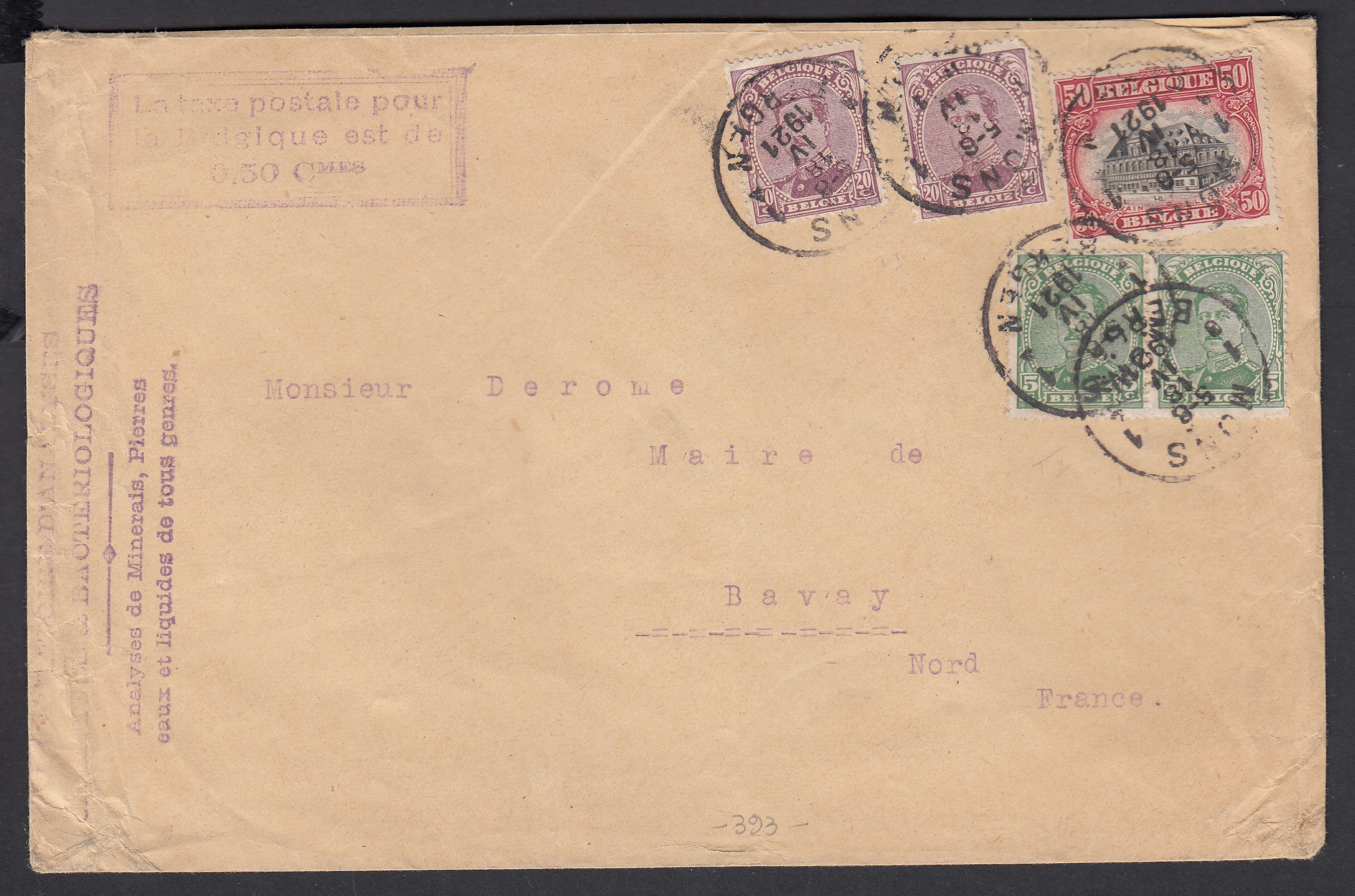137x2 +140x2 +144 sur lettre ( Laboratoire d'analyse bactéorologiques) de Mons le 18.IV.1921 ( Cachet rectangulaire au recto&verso « La Taxe Postale pour la Belgique est de 50Cmes » )  vers Bavay en France.