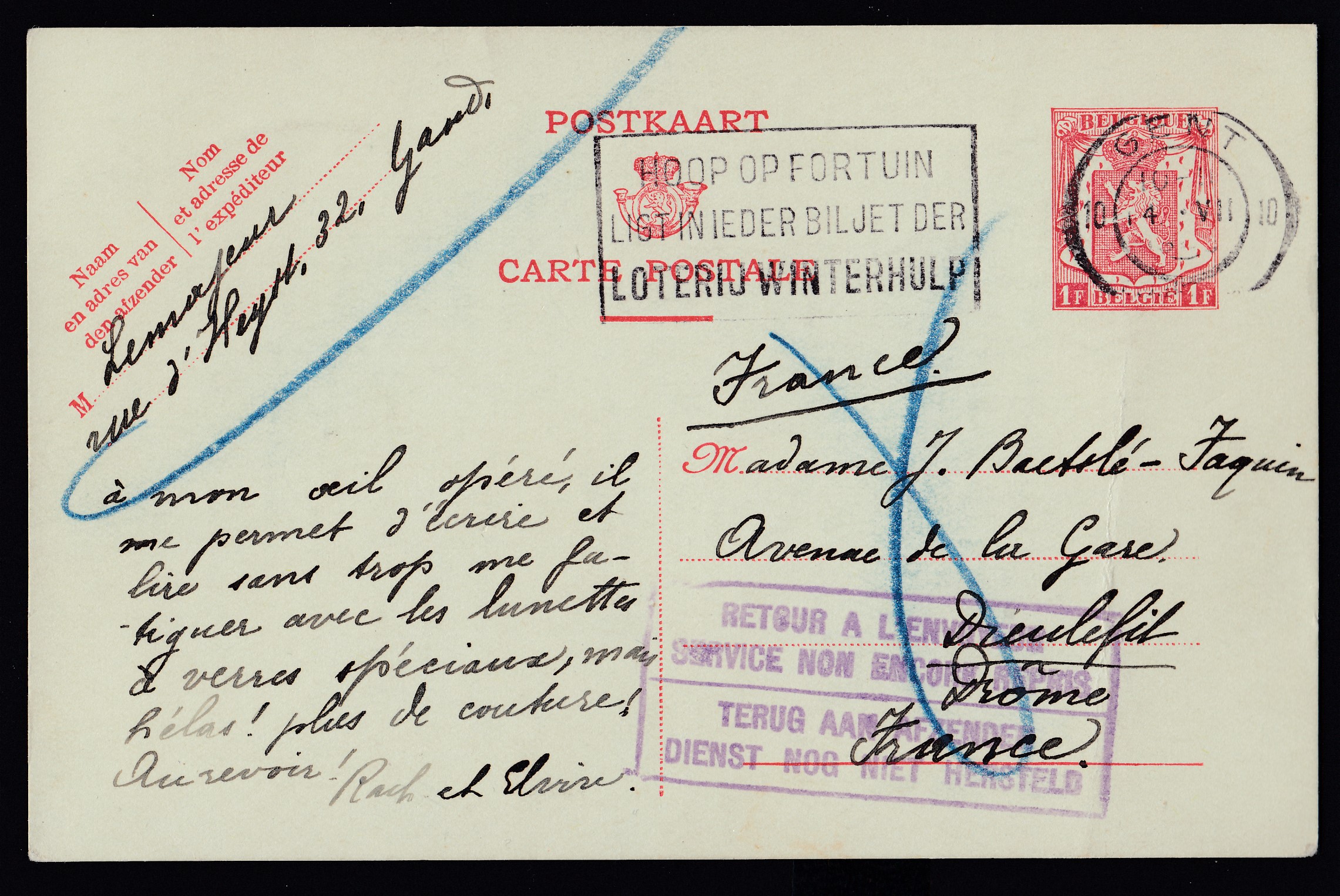 Ep1F type « Petit sceau de l'Etat » de Gent vers la France. Griffe bilingue « Retour à l'envoyeur /Service non encore repris »