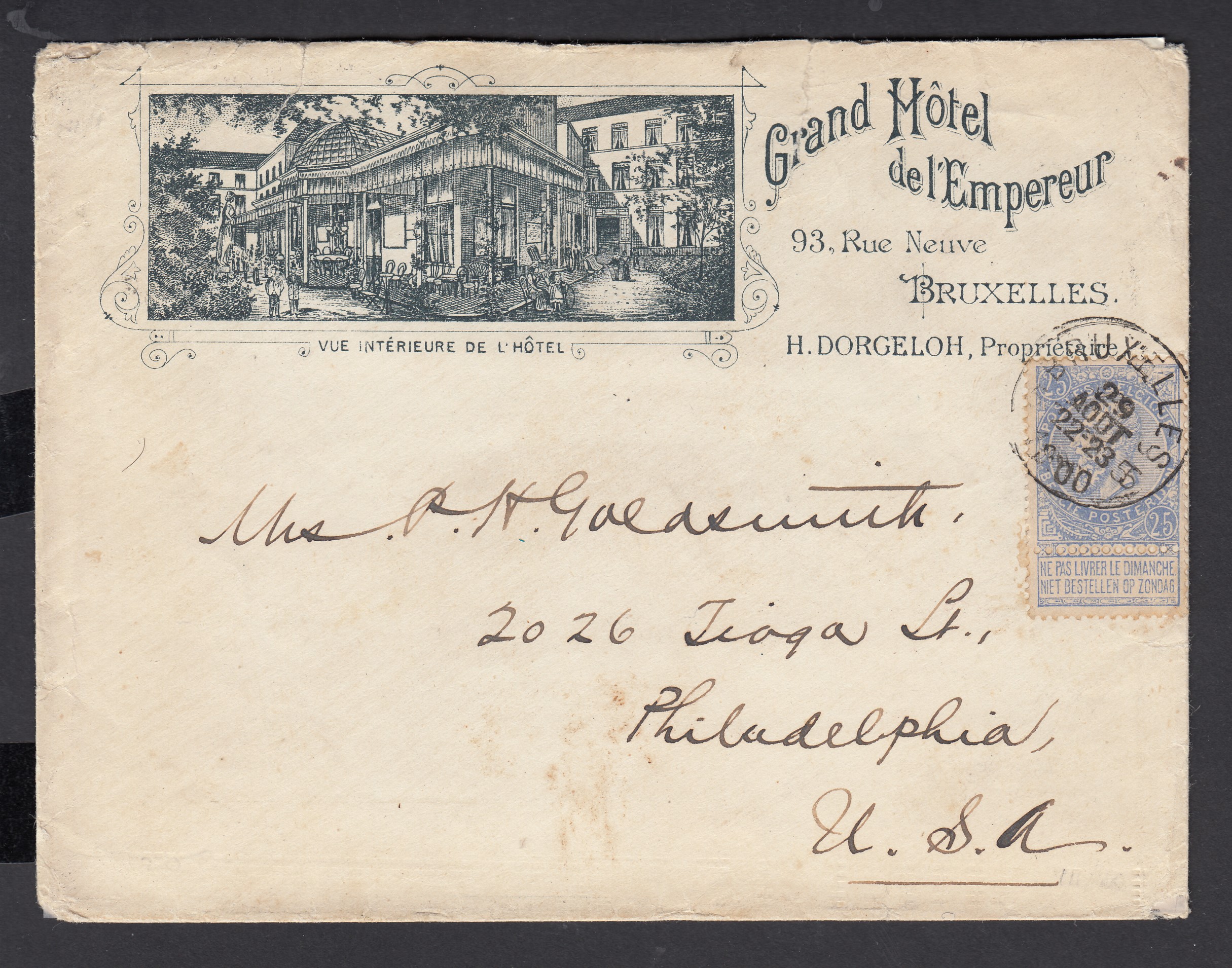 60 sur lettre à entête illustrée « Grand Hôtel de l'Empereur » de BXL le 29 août 1900 vers Philadelphie, USA. Càd au verso.