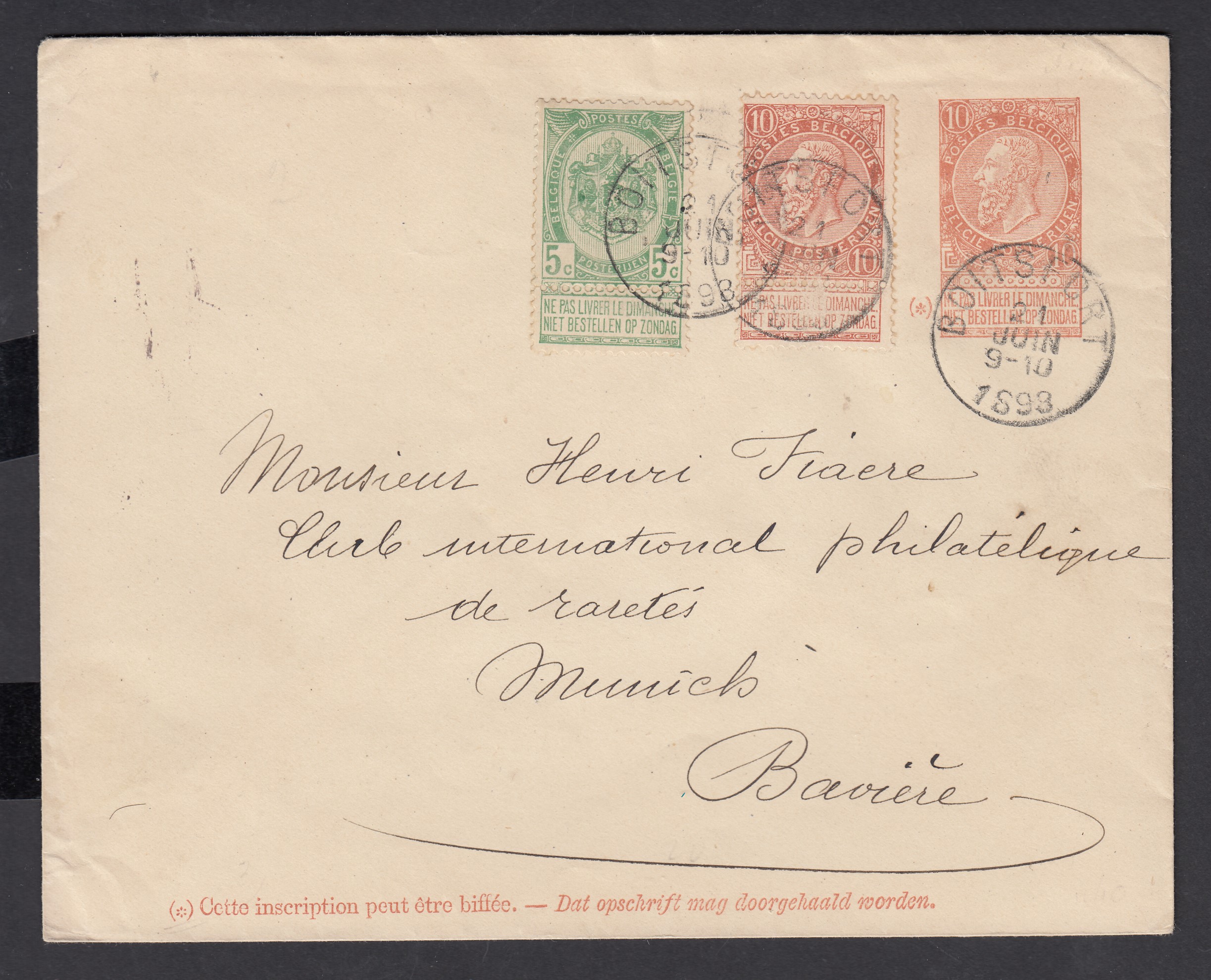 56/57 sur Ep10c type « Fine Barbe -Tp 57 » de Boitsfort le 21 JUIN 1893 vers Munich, Allemagne. Càd au verso.