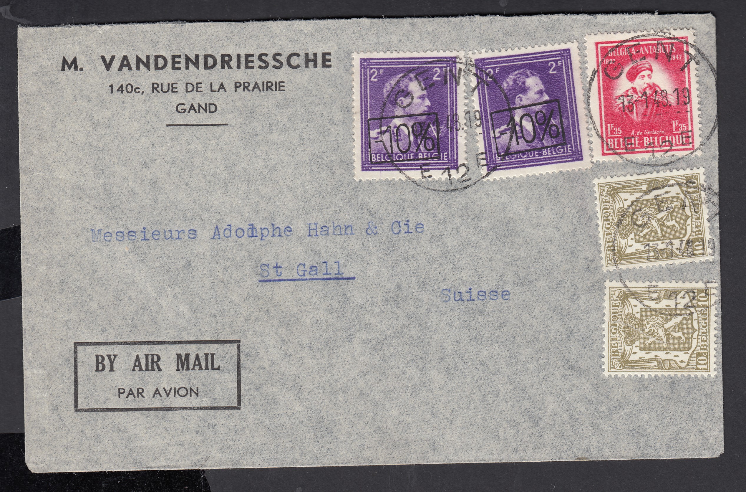 420x2 +720Ox2 +749 sur lettre par avion de Gand le 13.1.1948 vers St-Gall, Suisse.