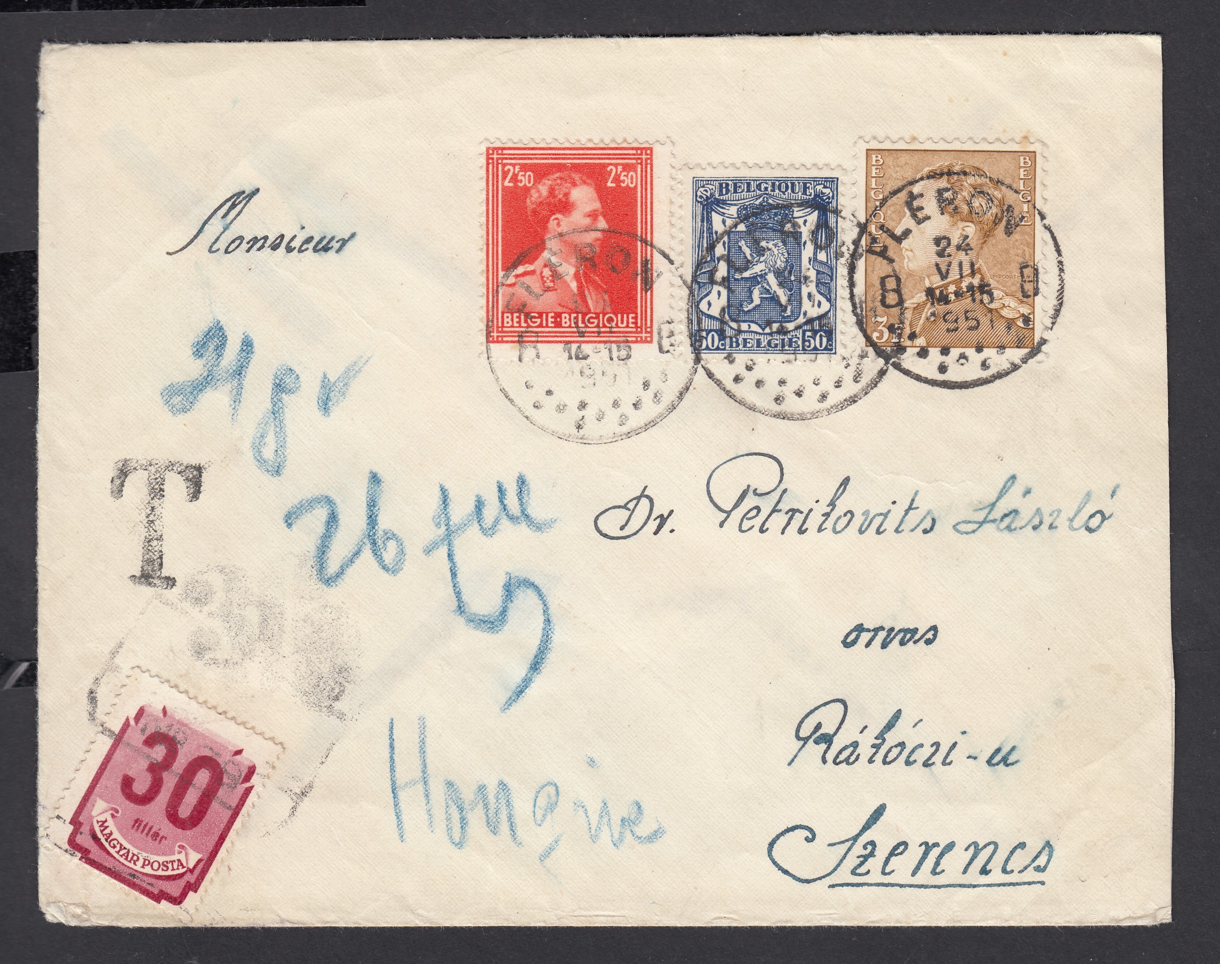426 +846 +847 sur lettre de Fléron le 24.VII.1951 vers la Hongrie. Taxée 30Filler à l'arrivée. Càd au verso.