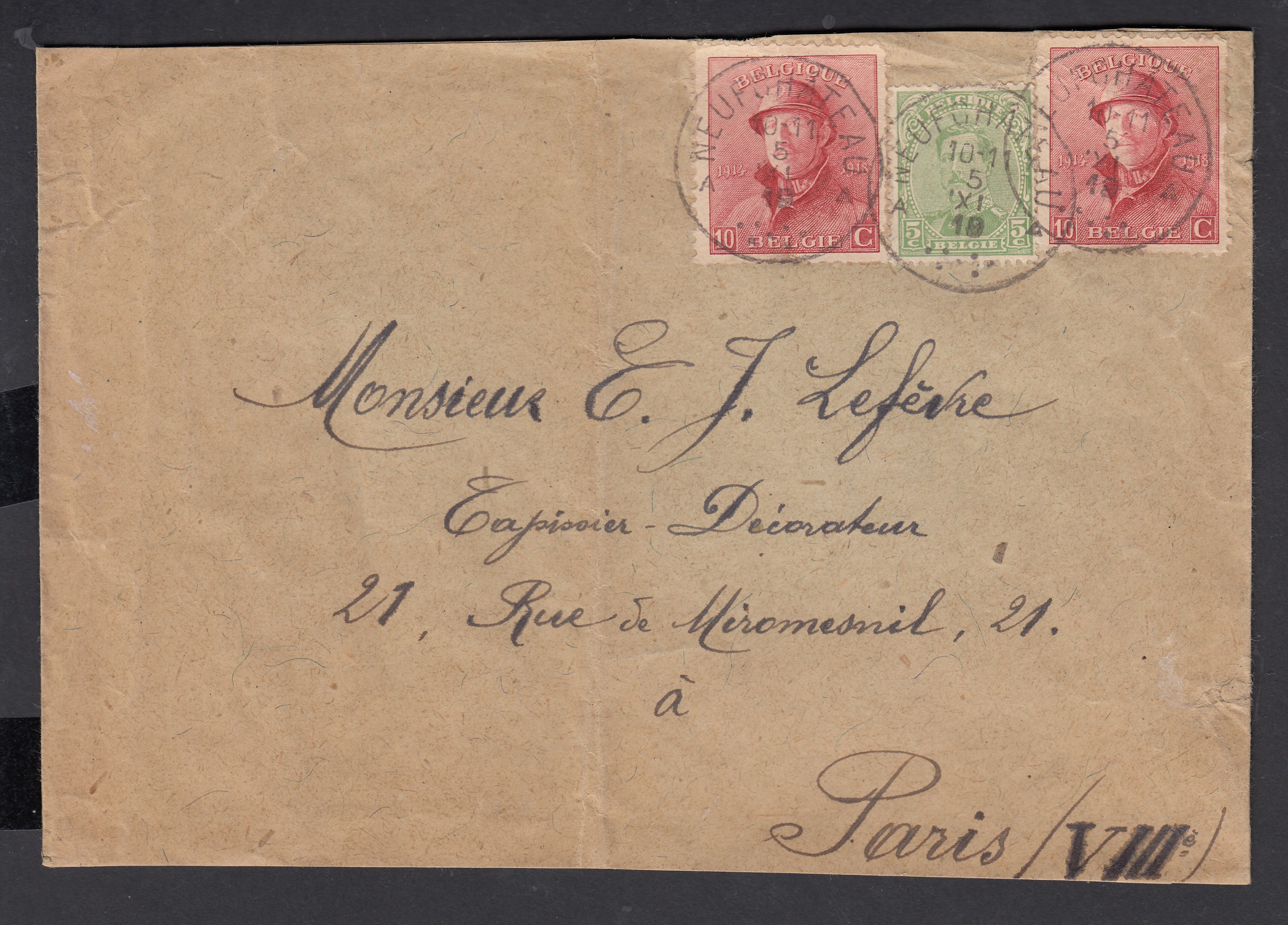 137 +168x2 sur lettre de Neufchâteau le 5.XI.1919 vers Paris.