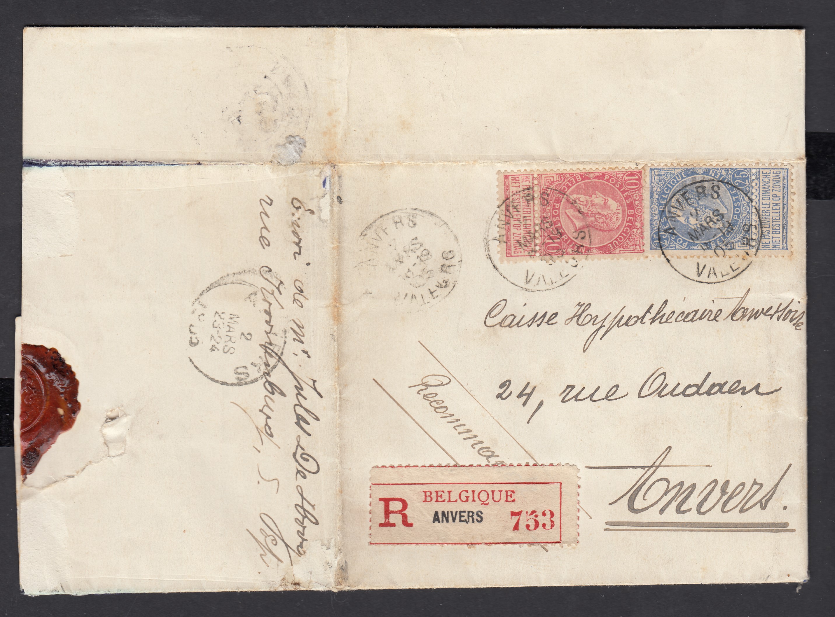 58 +60 sur LAC ( Acte d'emprunt -Tp fiscaux à sec) en recommandé d'Anvers le 17 mars 1905 vers la ville. Càd au verso.