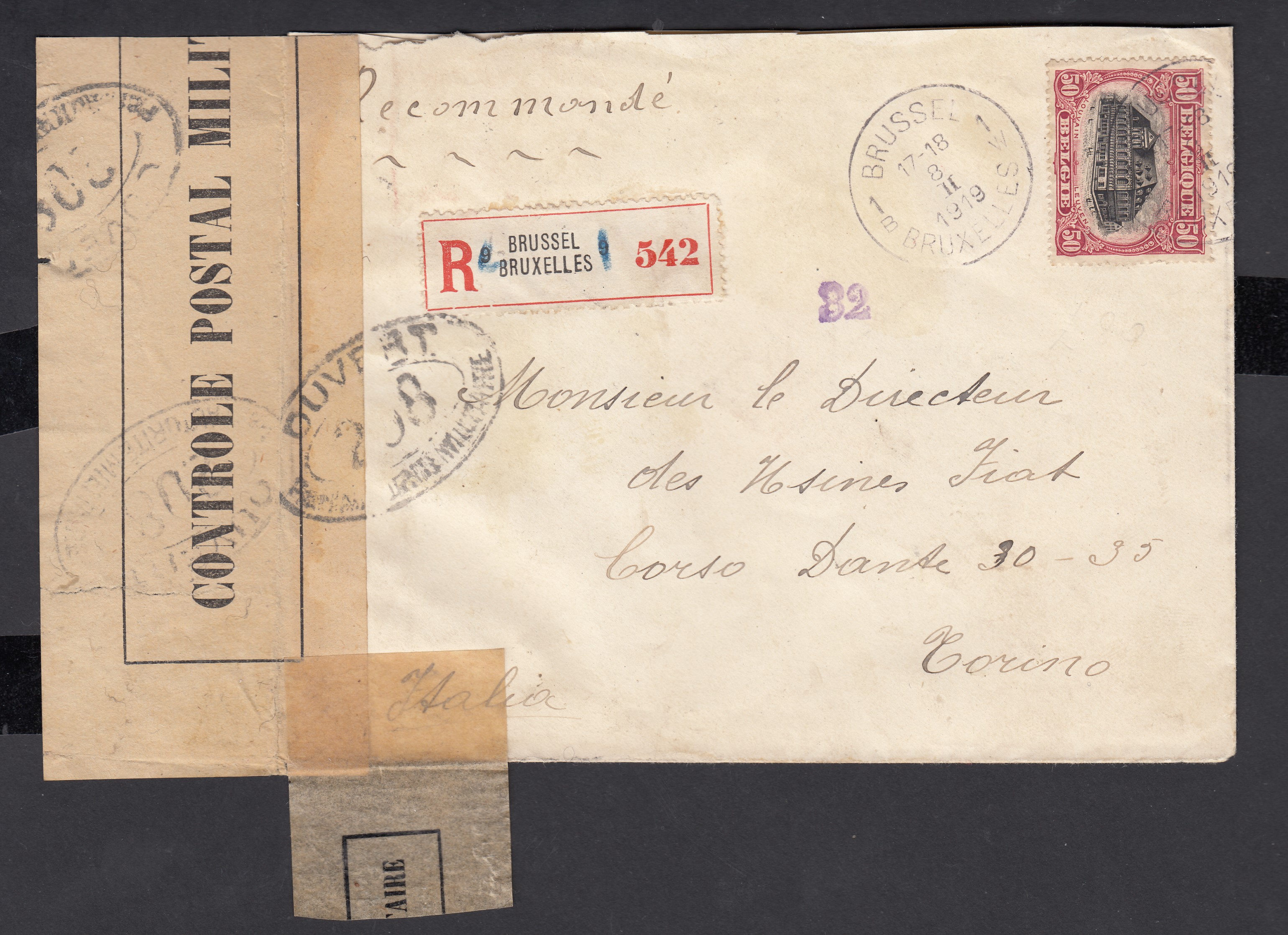 144 sur lettre en recommandé de BXL le 8.II.1919 vers Turin, Italie. Bande de contrôle militaire et cachets de censure ( Cachet ovale « 208 »).