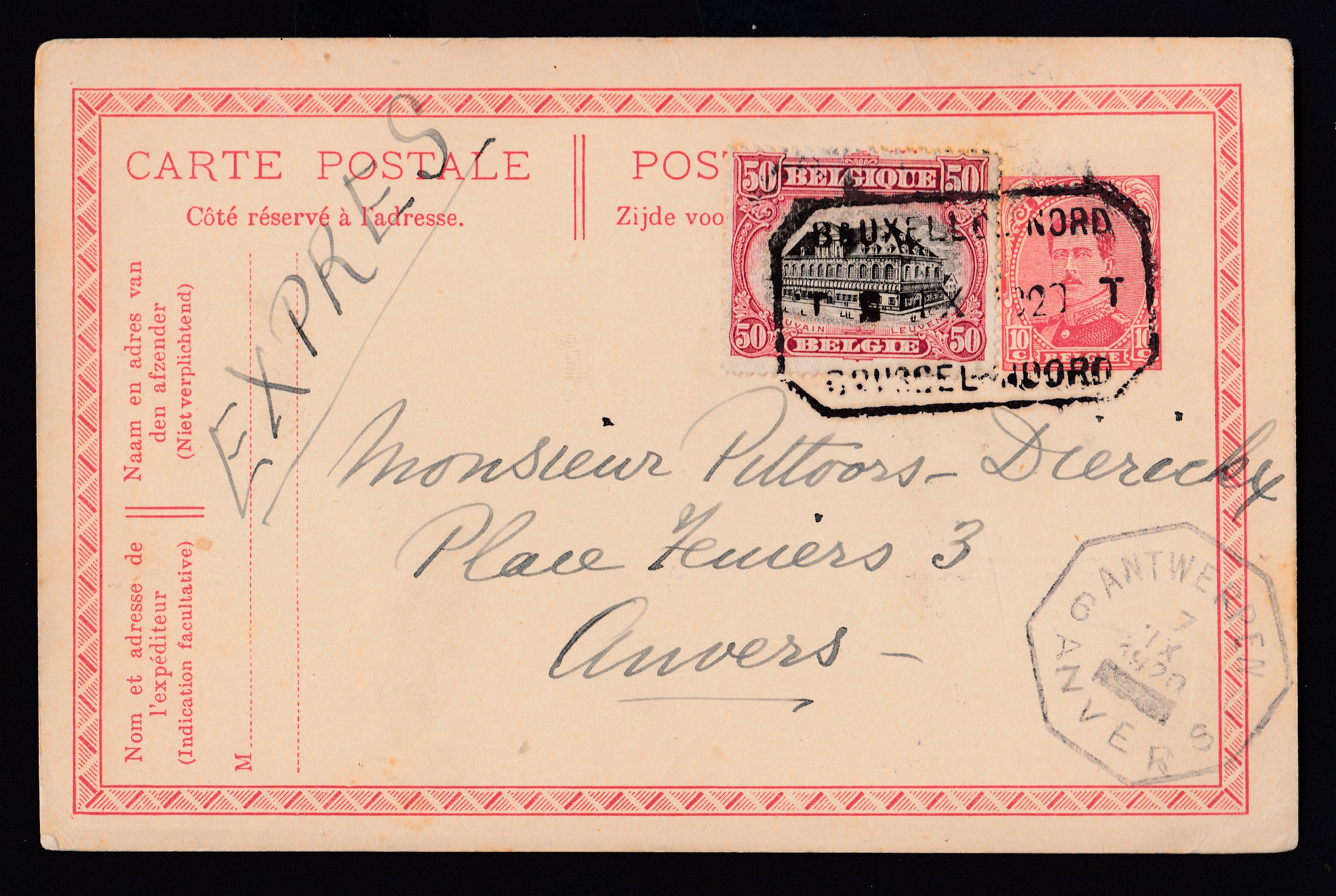 144 sur Ep10c type «  Emission de 1915 -Tp 138 » de BXL-Nord ( Cachet rectangulaire des C.F.) le 7.IX.1920 à destination d'Anvers. Càd au recto.