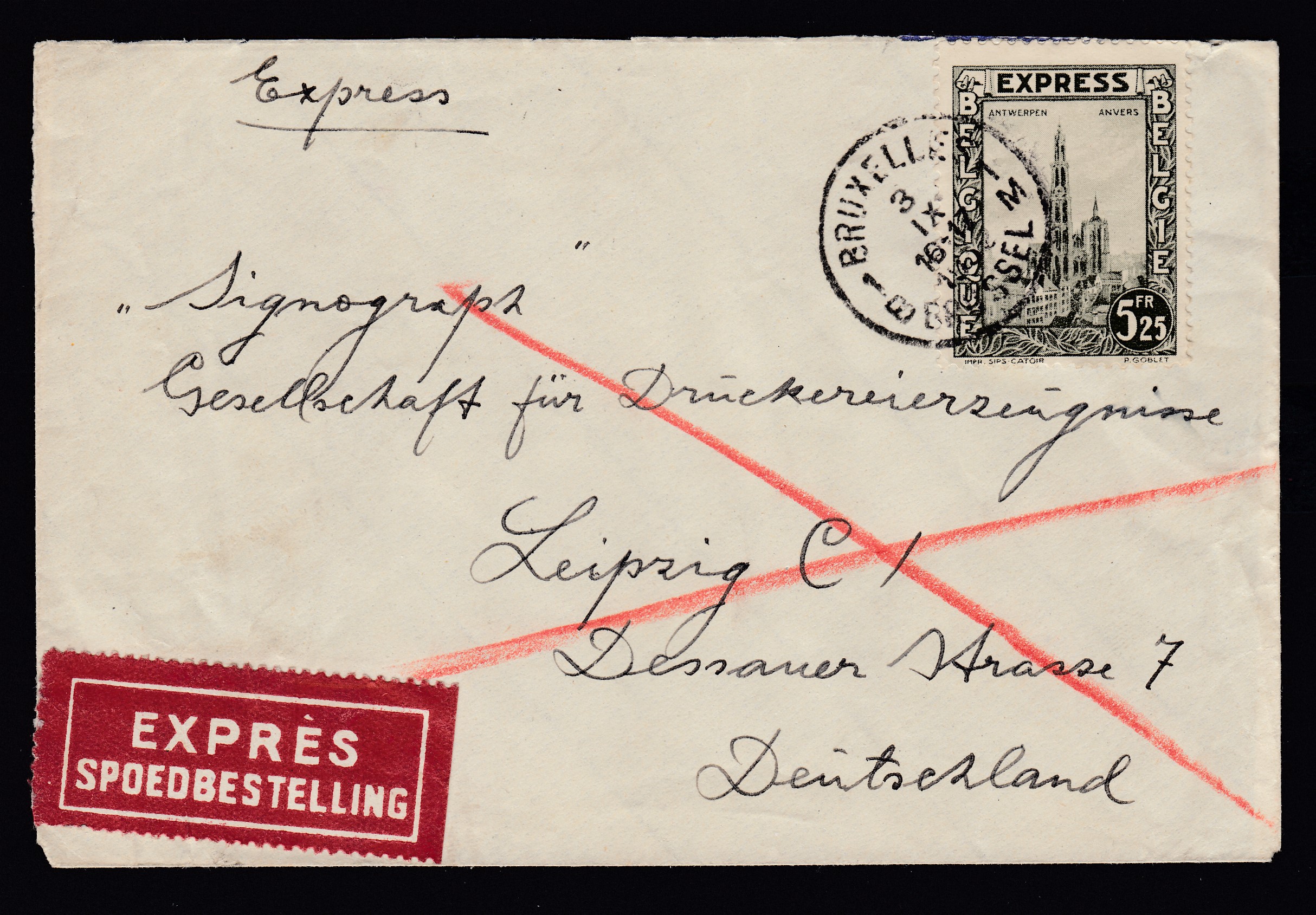 292G sur lettre en exprès de BXL le 3.IX.1932 vers Leipzig, Allemagne. Cachet ambt allemand « Köln-Herbesthal » +Càd au verso.