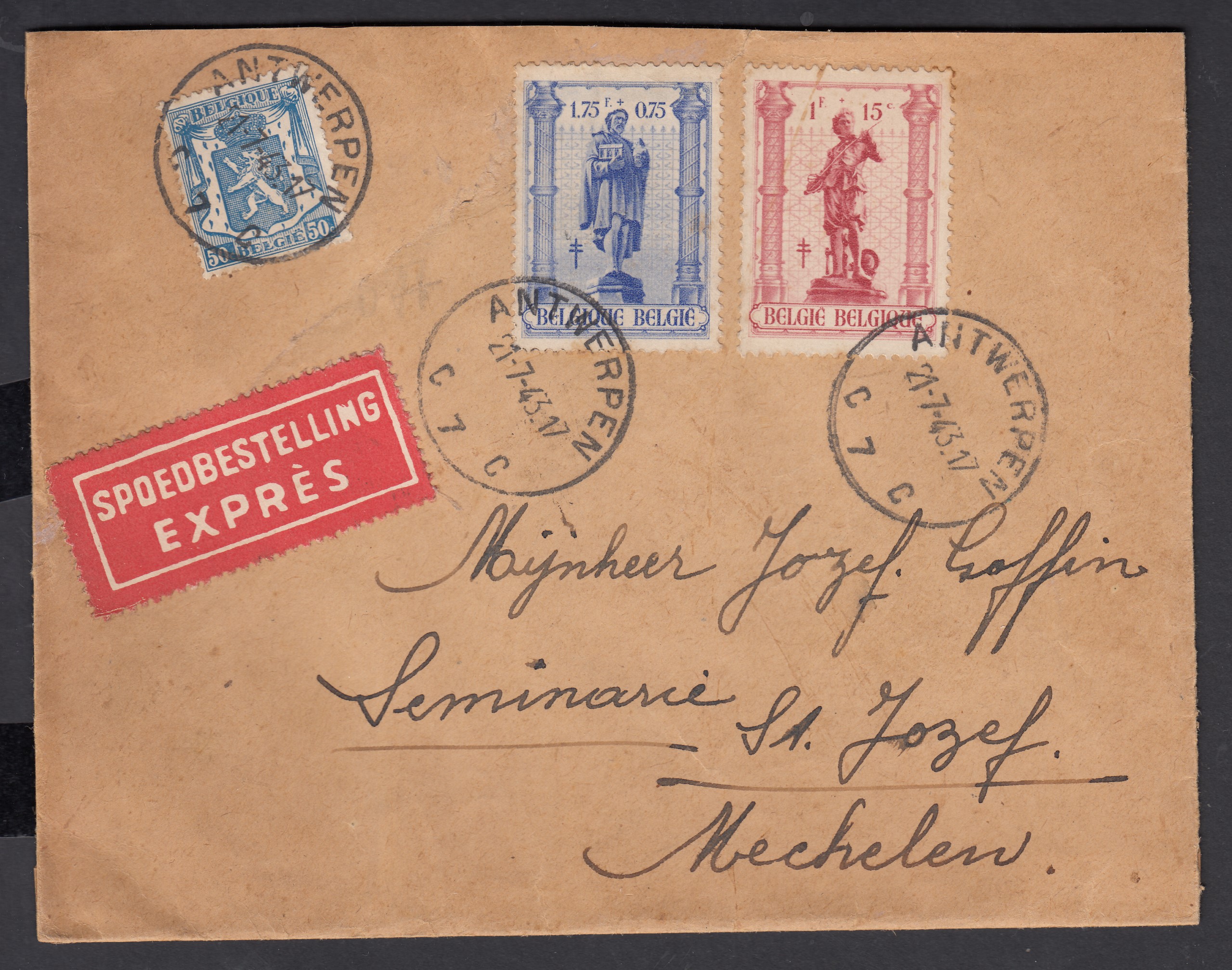 426 +619/20 sur lettre en exprès d'Antwerpen le 21.7.1943 vers Mechelen.