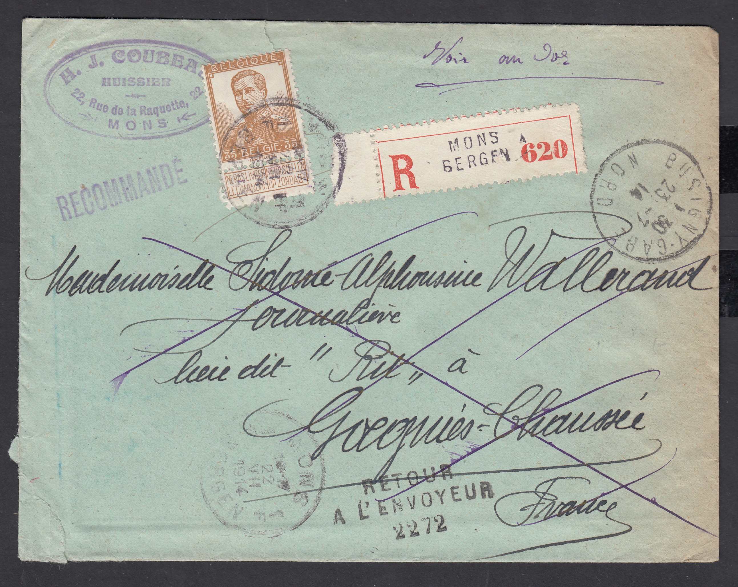 113 sur lettre en recommandé de Mons le 23.7.1914 vers la France. Cachet de passage à Maubeuge au verso et à Busigny au recto. Adresse biffée et griffe « Retour /à l'envoyeur /2272 ».