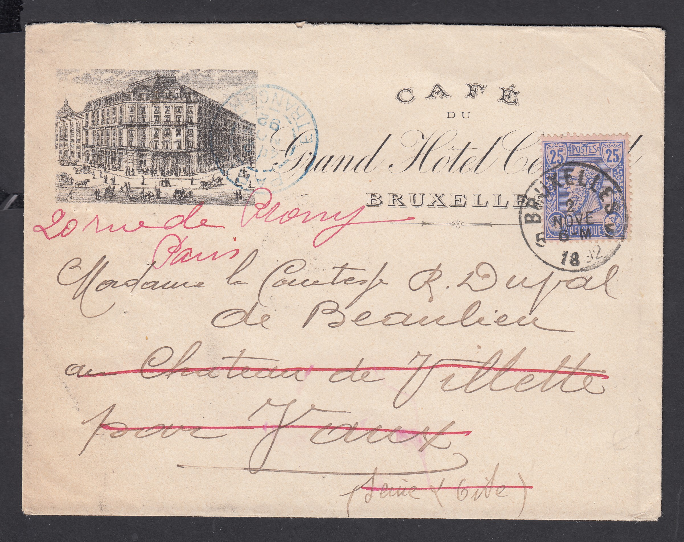 48 sur lettre à entête illustrée « Café du Grand Hôtel.. » de BXL le 2 nov.1892 à destination du château de Vilette en France. Suivi vers Paris. Cachets d'arrivées au verso.